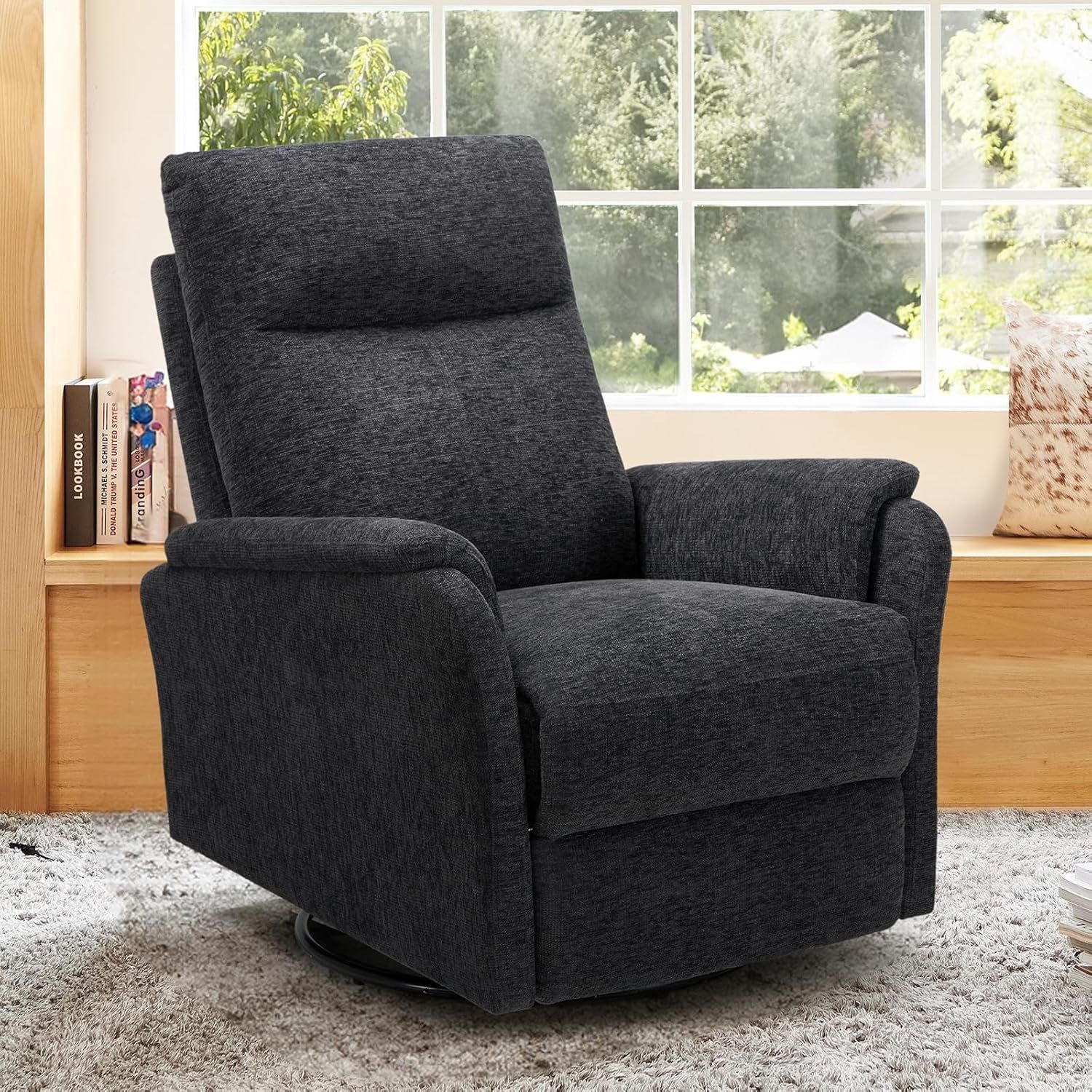 Swivel Rocking Recliner Glider Chair, Upholstered Fabric Reclining Rocker Chair with Footrest for Living Room, Nursery, Bedroom, Ergonomic High Backrest, Wide Seat Cushion and Metal Base-Darkgrey