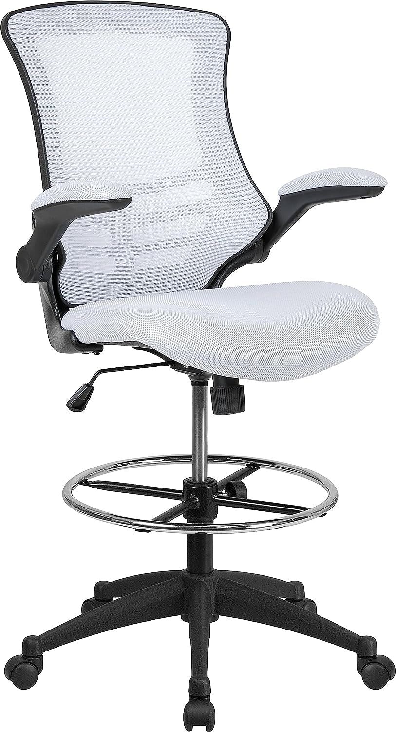 Kelista Mid-Back White Mesh Ergonomic Drafting Chair | Adjustable Foot Ring, Flip-Up Arms | Comfort and Productivity