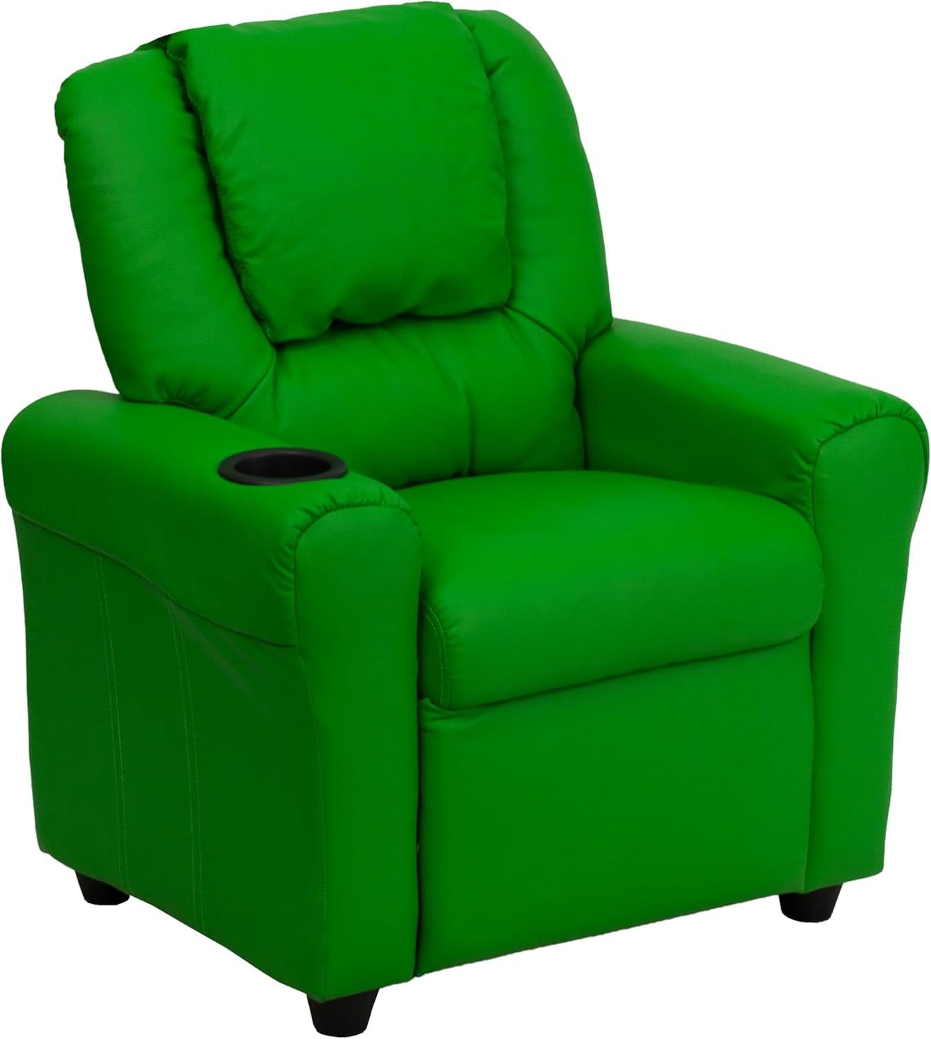Vana Vinyl Kids Recliner with Cup Holder, Headrest, and Safety Recline, Contemporary Reclining Chair for Kids, Supports up to 90 Lbs., Green