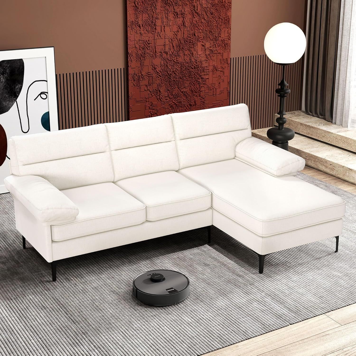 85” Convertible Sectional Sofa Couch, 3 Seat Sofa for Living Room L-Shaped Modern Chenille Fabric Modular Sofa Reversible Wide Chaise &amp; Fluffy Armrests for Apartment (Beige)