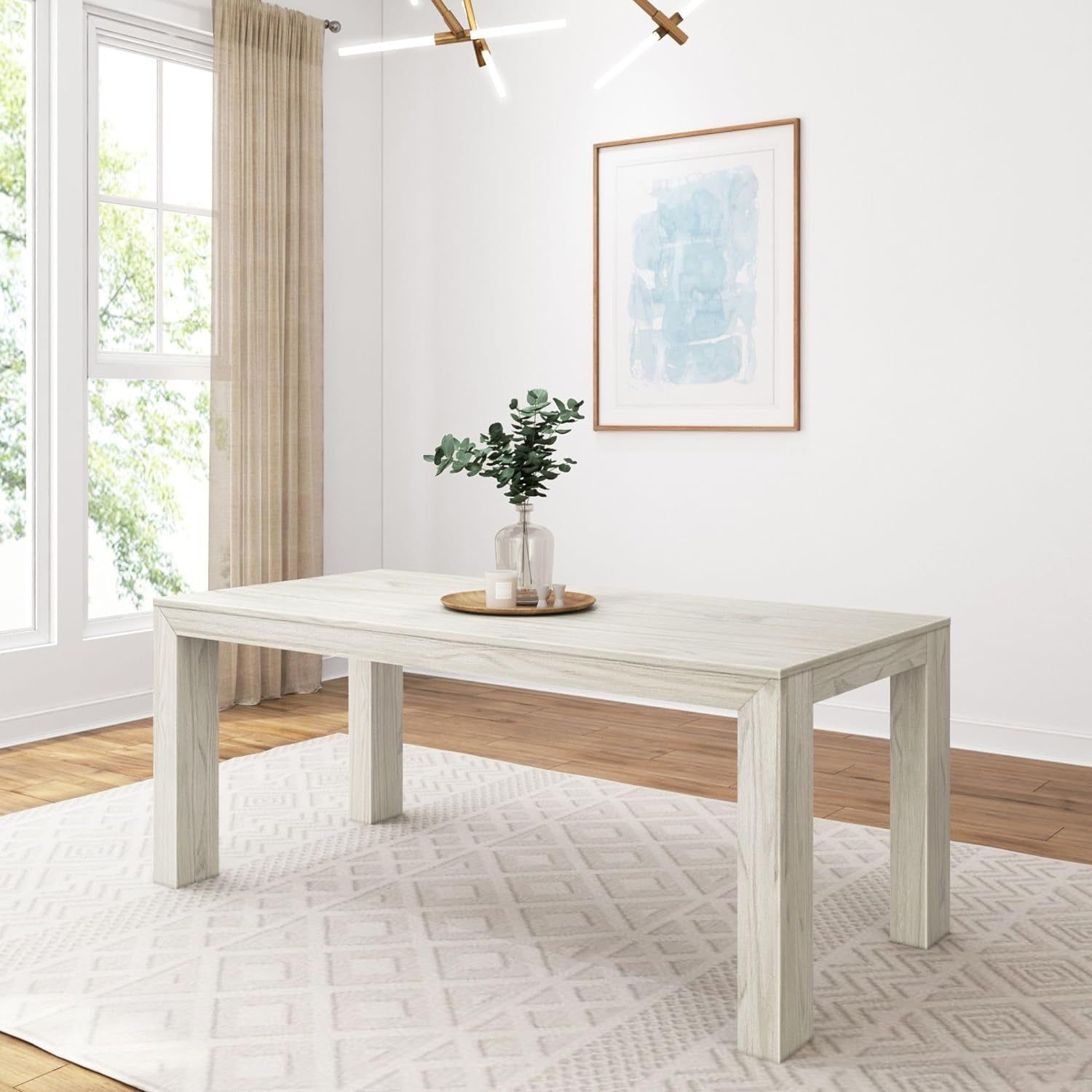 72 Inch Modern Wood Dining Table, Solid Wood Rectangular Dining Table for Kitchen/Dining Room, White Sand Wirebrush