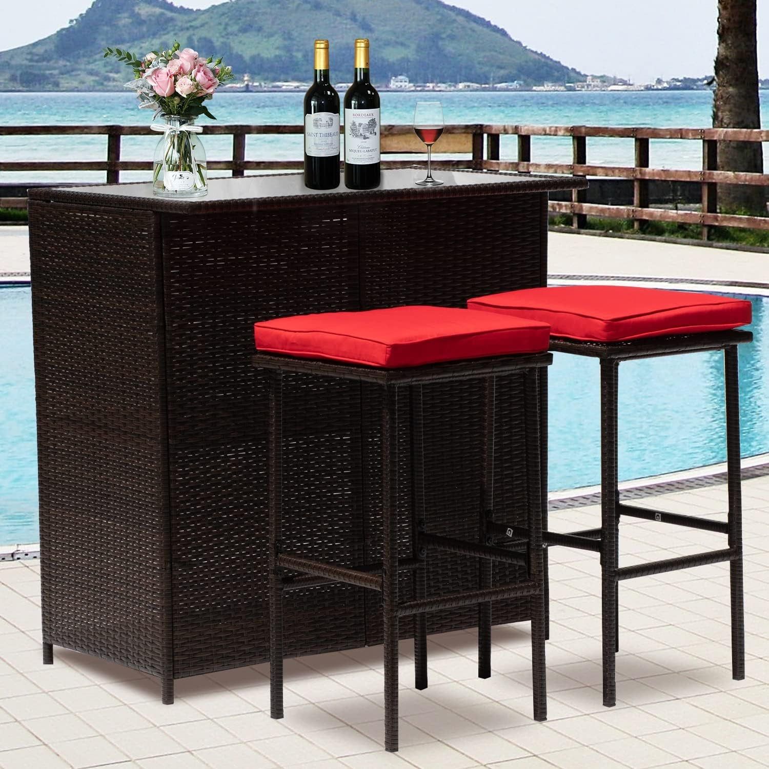 3-Piece Patio Bar Set Outdoor Wicker Bar Set All-Weather Rattan Bar Table Set Outdoor Furniture Set W/2 Stools, Glass Top Table and 2 Thick Cushion for Patios Backyards Porches Gardens Poolside, Red