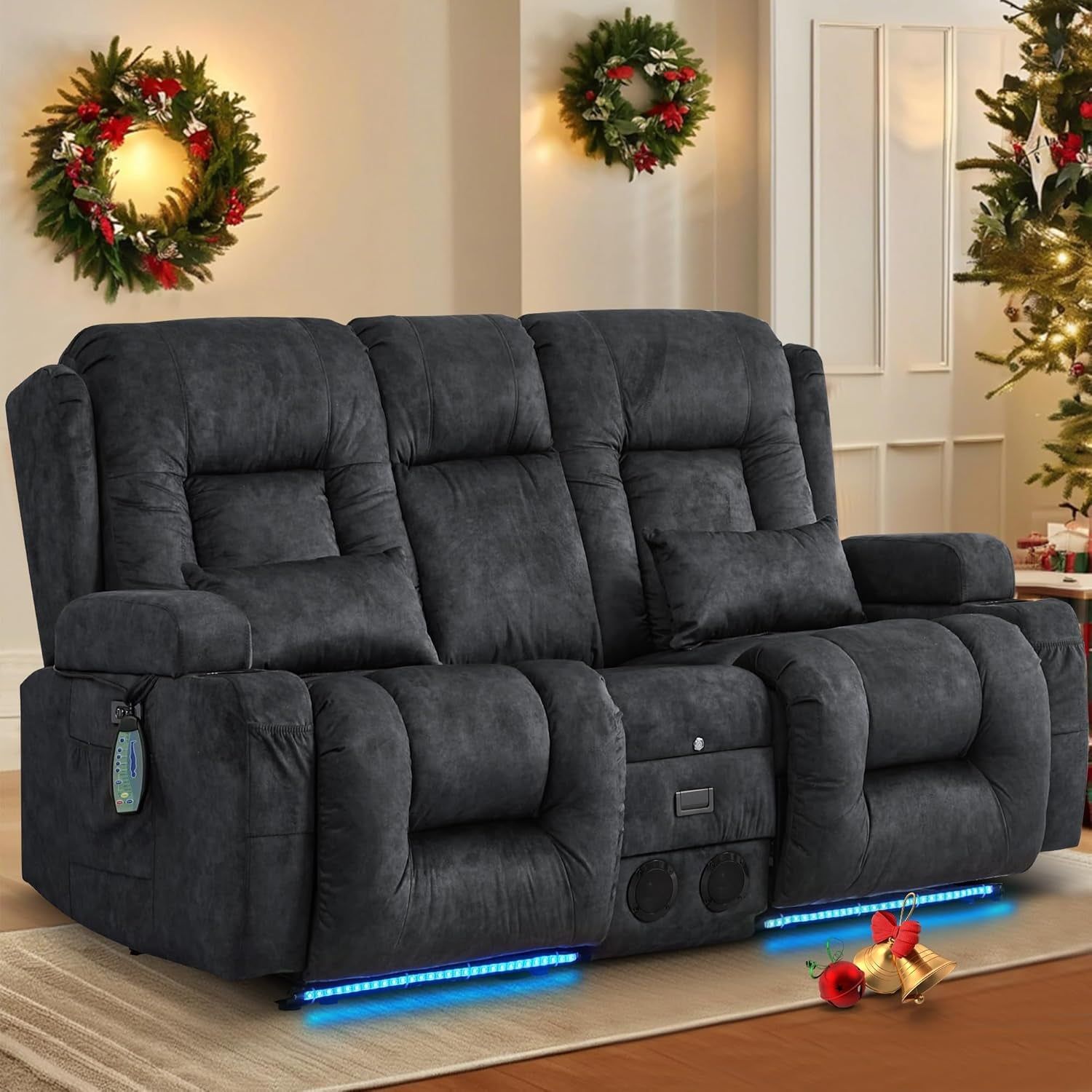 Power Loveseat Recliner Sofa with Massage &amp; Heat Home Theater Seating with Console RV Recliner Loveseat Sofa with Usb/Outlet/Storage/Side Pocket/Led Light/Speaker (Velvet, Grey)