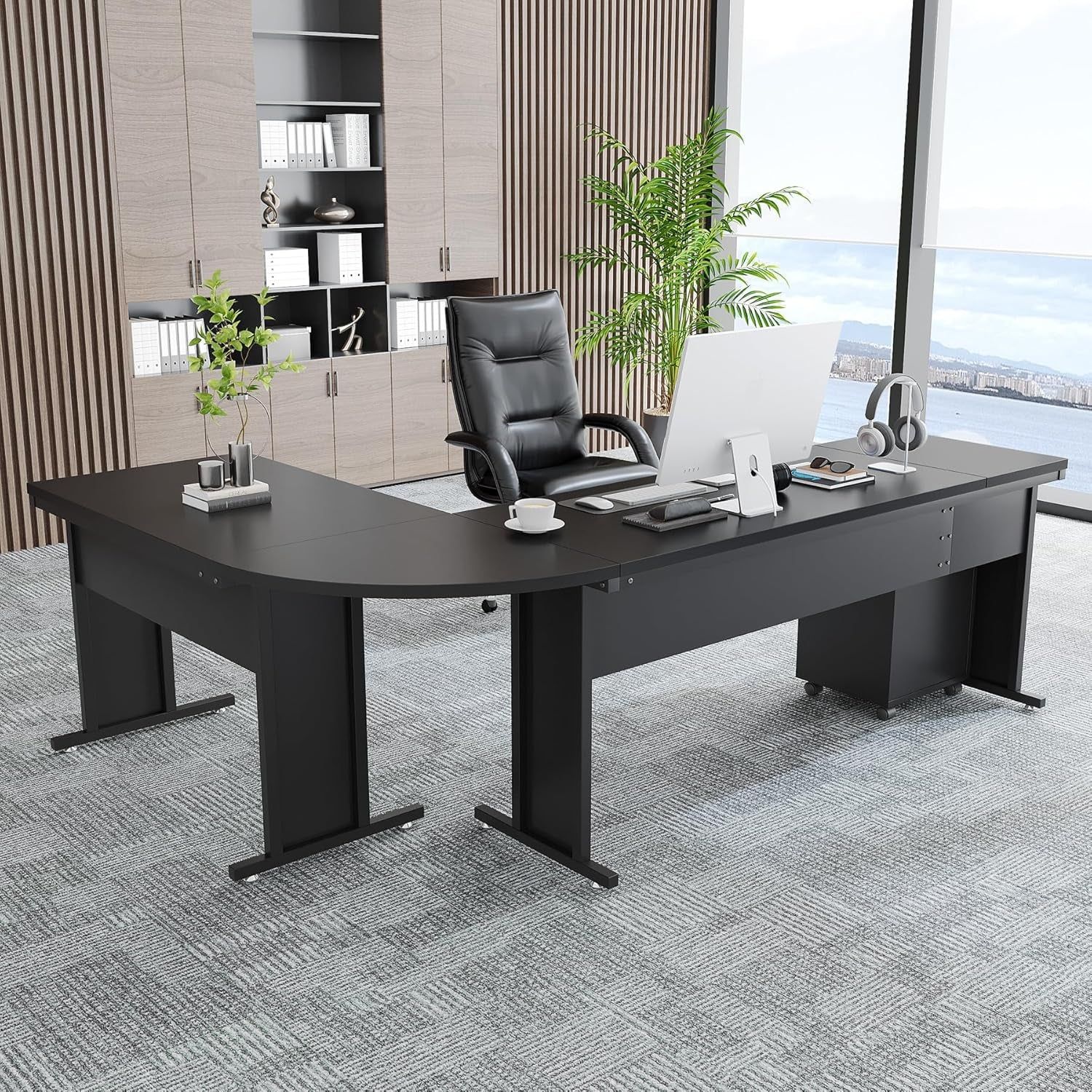 83&quot; L-Shaped Executive Desk, Large Office Desk with 3-Drawer Mobile File Cabinet, Industrial Computer Desk with Storage Drawers, Business Furniture Table Workstation for Home Office (Black)