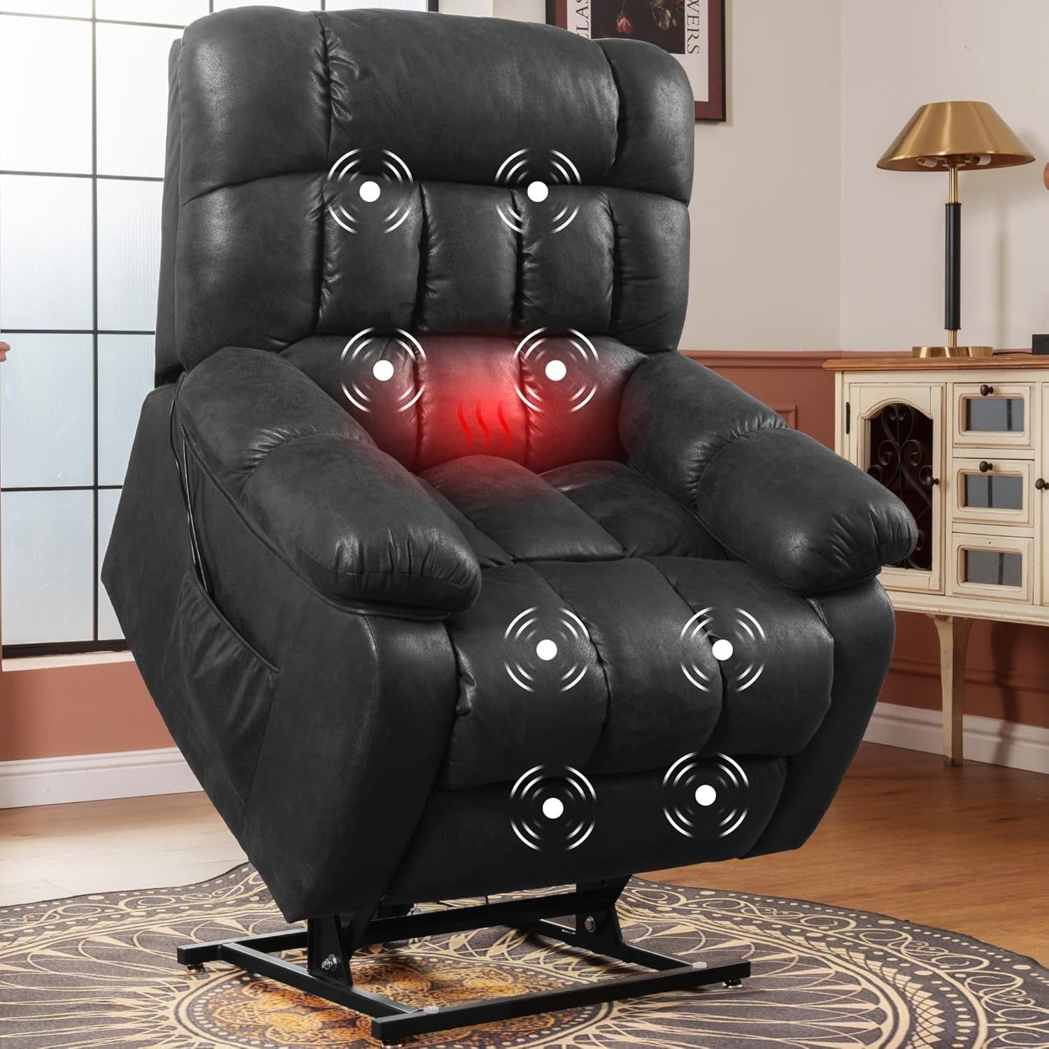 Dual OKIN Motor Power Lift Recliner Chair for Elderly, Electric Lay Flat Recliner W/Massage &amp; Heat, Faux Leather Reclining Sofa W/Usb Ports for Living Room Bedroom, Black(Xl51)