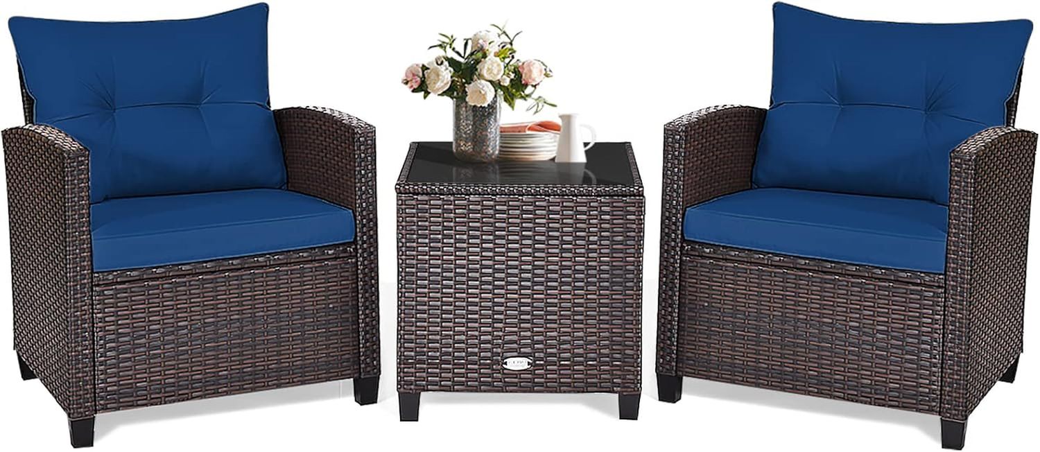 3 Piece Patio Furniture Set, Outdoor Conversation Set with Washable Cushions &amp; Tempered Glass Tabletop, PE Rattan Wicker Bistro Set for Porch, Garden, Balcony (Navy Blue)