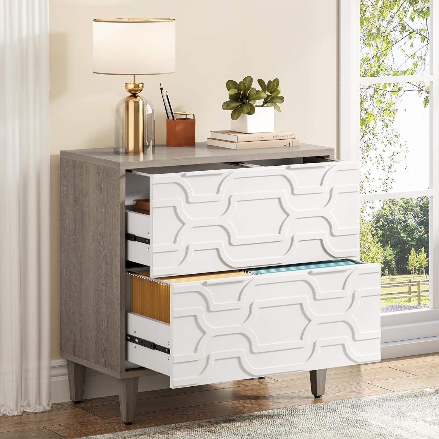 2-Drawer File Cabinet, Lateral Filing Cabinet for A4/Letter/Legal Size, Office Storage Cabinet, Printer Stand with Storage Drawer for Home Office, White &amp; Gray