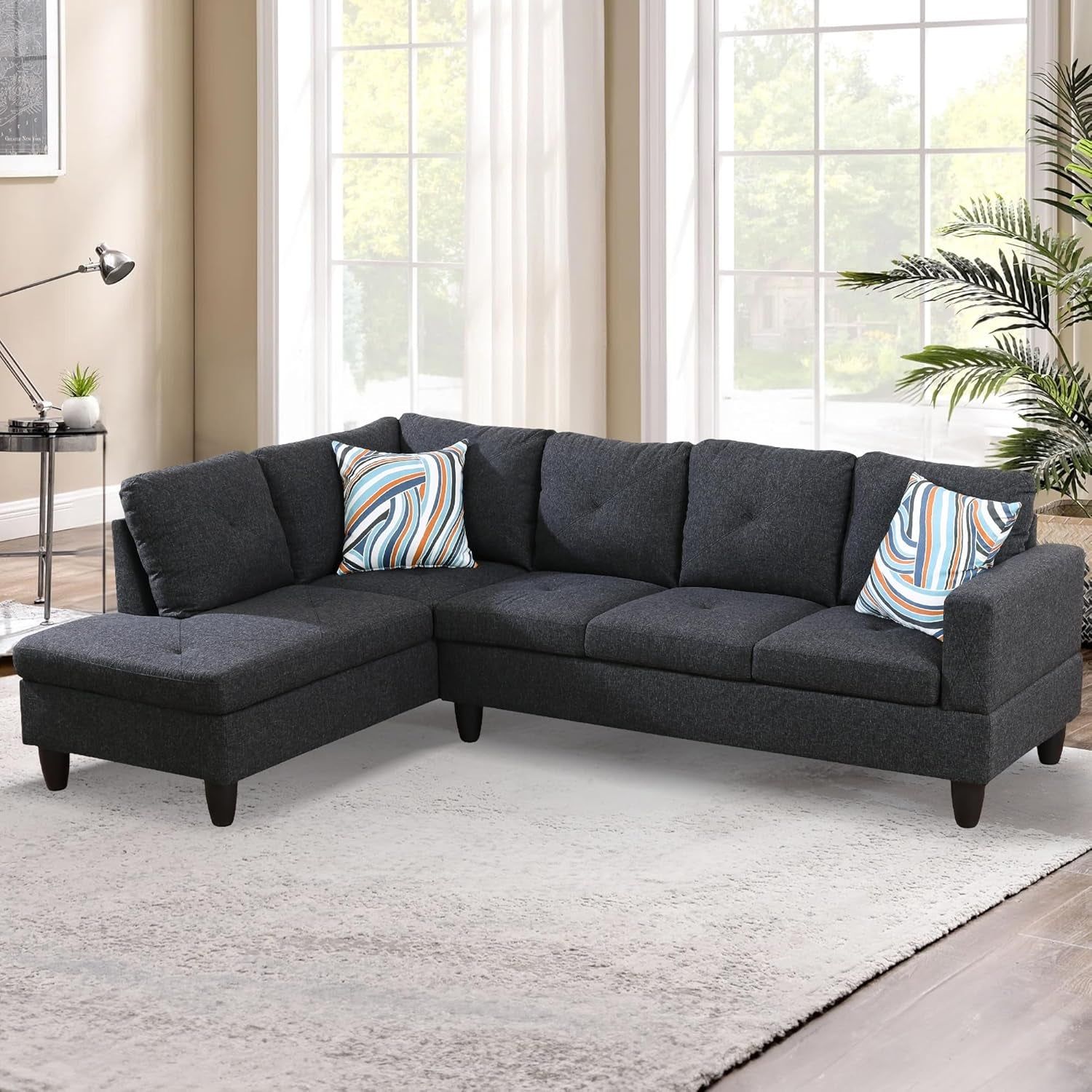 L-Shaped Sectional Sofa Set Luxurious Flannelette 5-Seat Couches, Durable and Comfortable, Space-Saving Design Perfect for Modern Living Room, Apartment, Black Grey