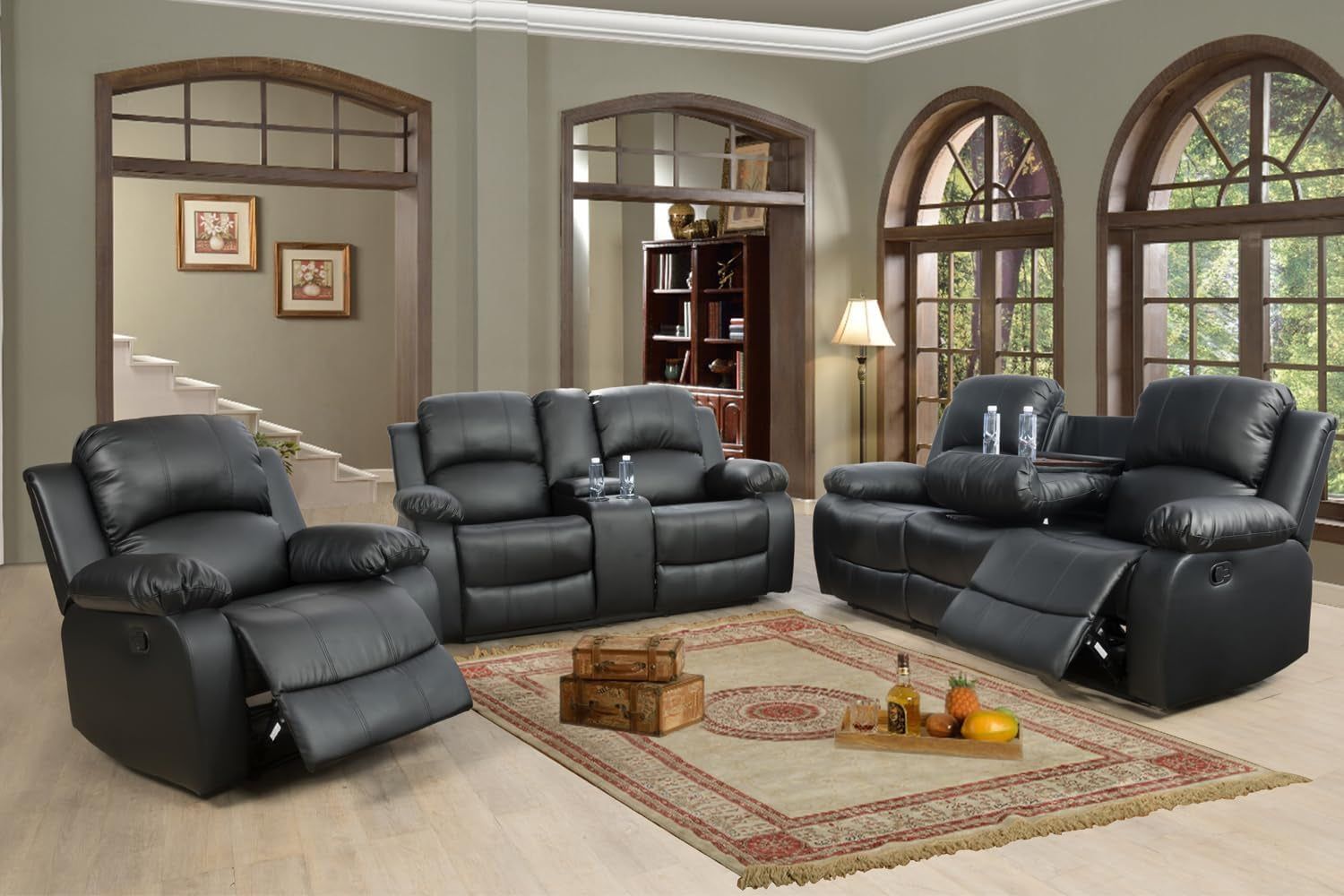 Black Leather Reclining Sofa Set for Living Room Set,Recliner Sofa with Drop down Table/Double Recliner Loveseat with Storage Console/Recliner Chair/Faux Leather