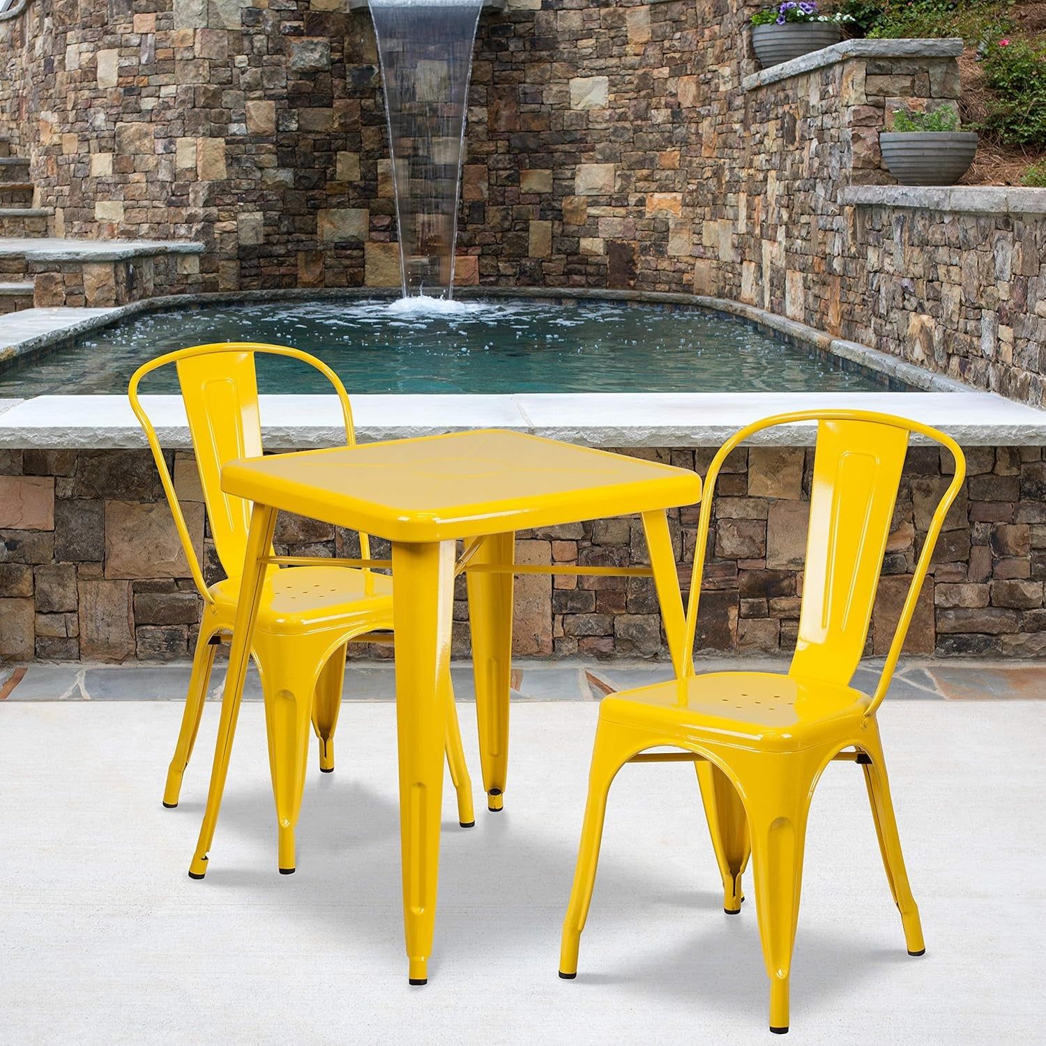 Commercial 23.75&quot; Square Yellow Metal Indoor-Outdoor Table Set-2 Stack Chairs
