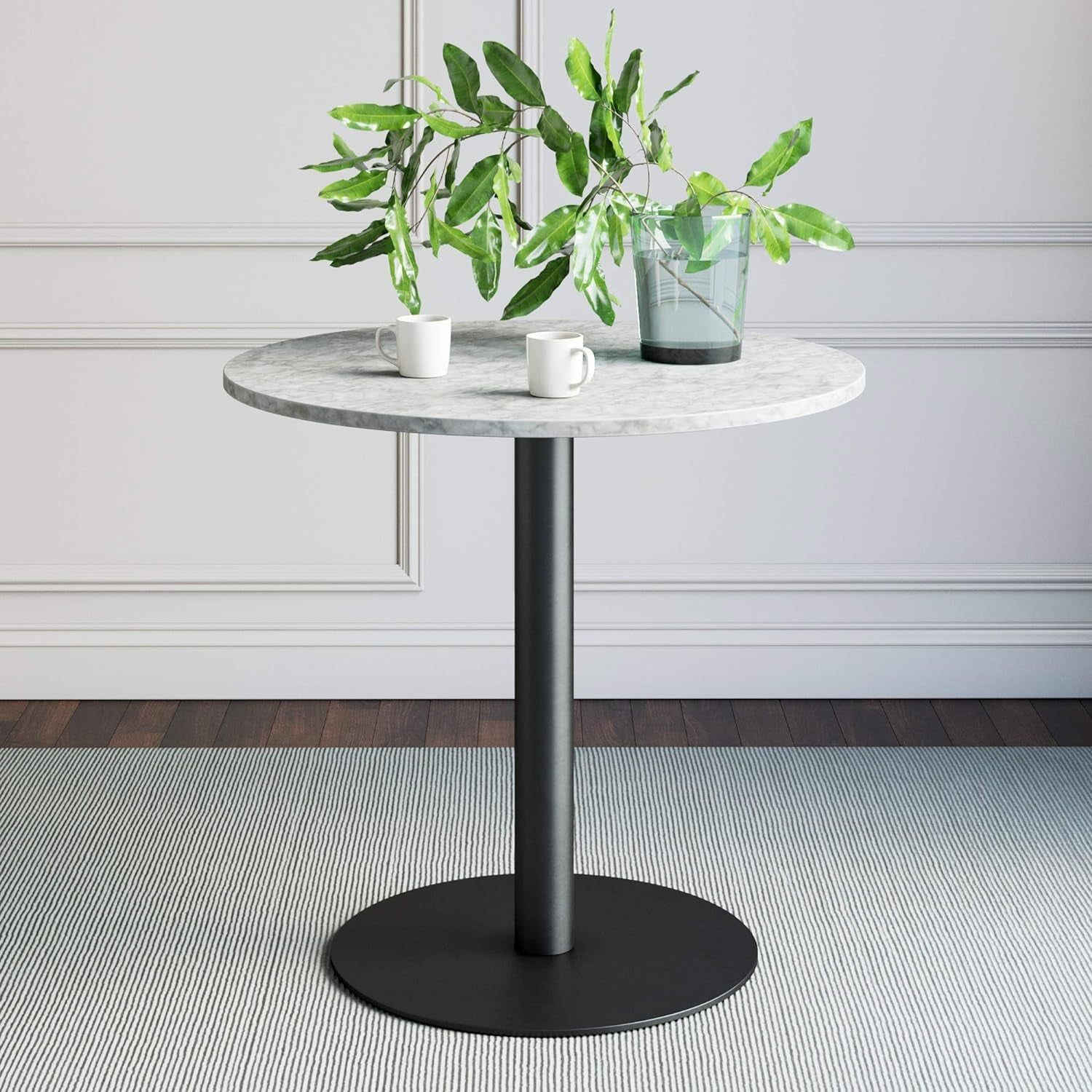 Bistro Lucy Small Mid-Century Modern Kitchen or Dining Table with Faux Carrara Marble Top and Brushed Metal Pedestal Base, Black, 31.5D X 31.5W X 29H In