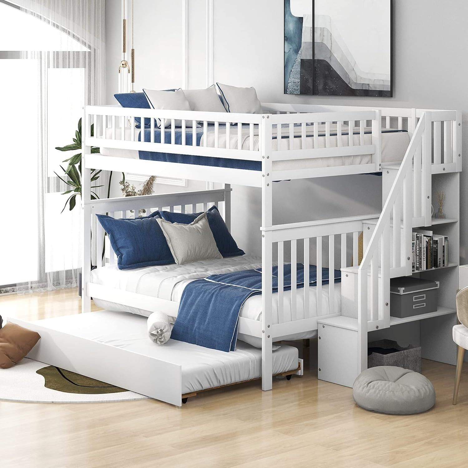 Full over Full Bunk Beds with Trundle and Stairs Stairway Bunk Bed Frame with Storage Shelves for Kids Teens Adult, Detachable Wood Full Bunk Bed for Boys Girls Adults, White
