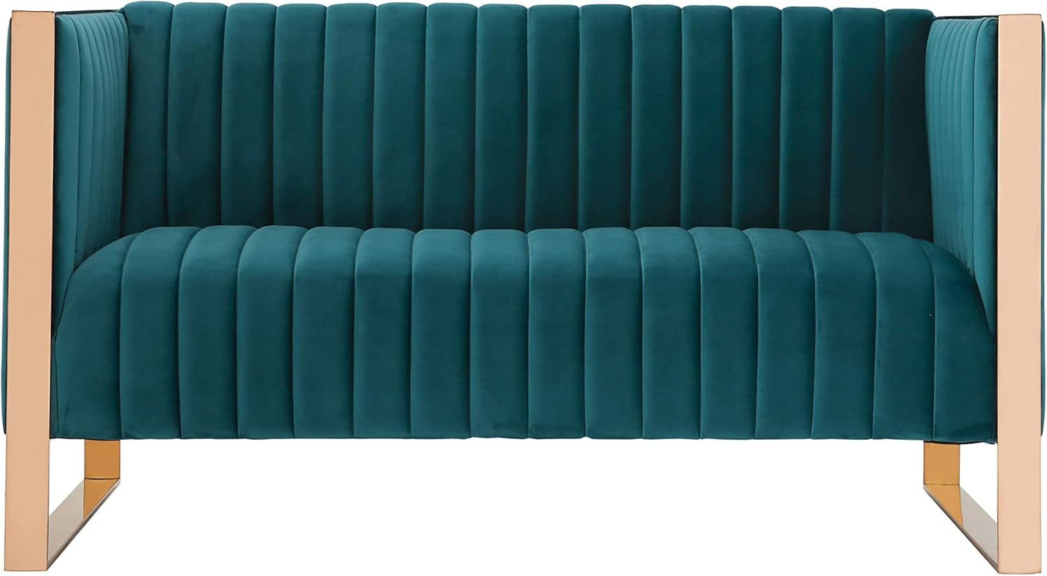 Trillium Velvet 57&quot; Velvet Loveseat for Living Room, High-Density Foam, Vertical Channeling, Gold Stainless Steel Frame, No Assembly Required, Set of 1, Teal