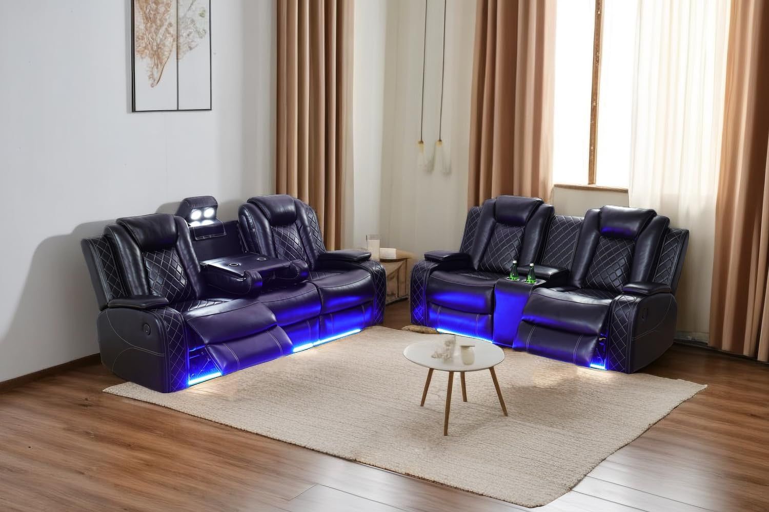 Power Leather Recliner Sofa Sets, 2 Pieces Living Room Furniture Sets with LED Lights, Grey Reclining Sofa Sets with USB Port for House/Office/Rv(C-Black, Sofa+Loveseat)