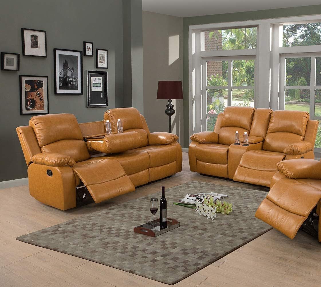 Faux Leather Recliner Sofa Set, Reclining Living Room Set, Manual Reclining Sofa and Loveseat with Recliner Chair (Ginger, Sofa+Loveseat)