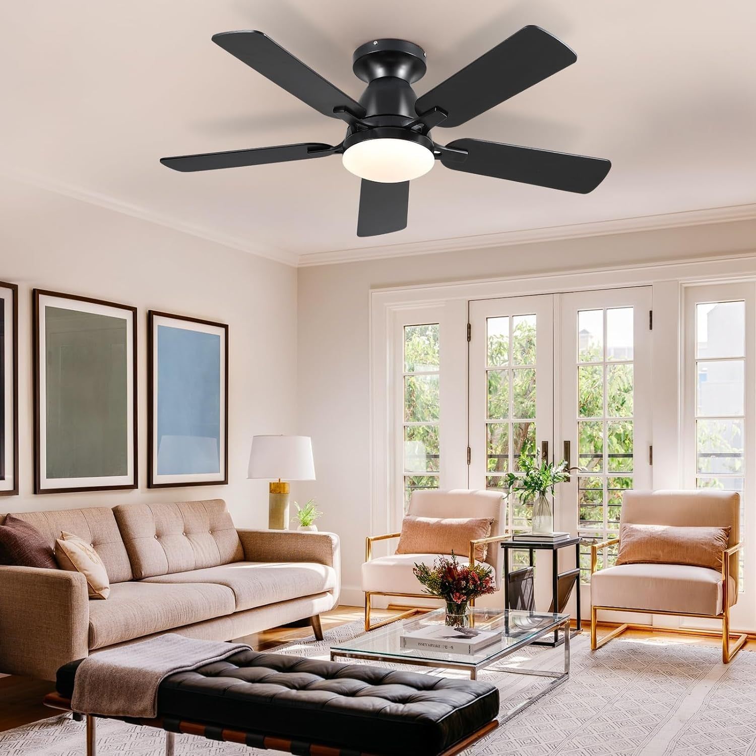 Ceiling Fans with Lights- 46&quot; Low Profile Indoor Ceiling Fan with Light and Remote/App Control, Flush Mount, LED Dimmable DC Reversible Modern Ceiling Fan for Bedroom（Black）