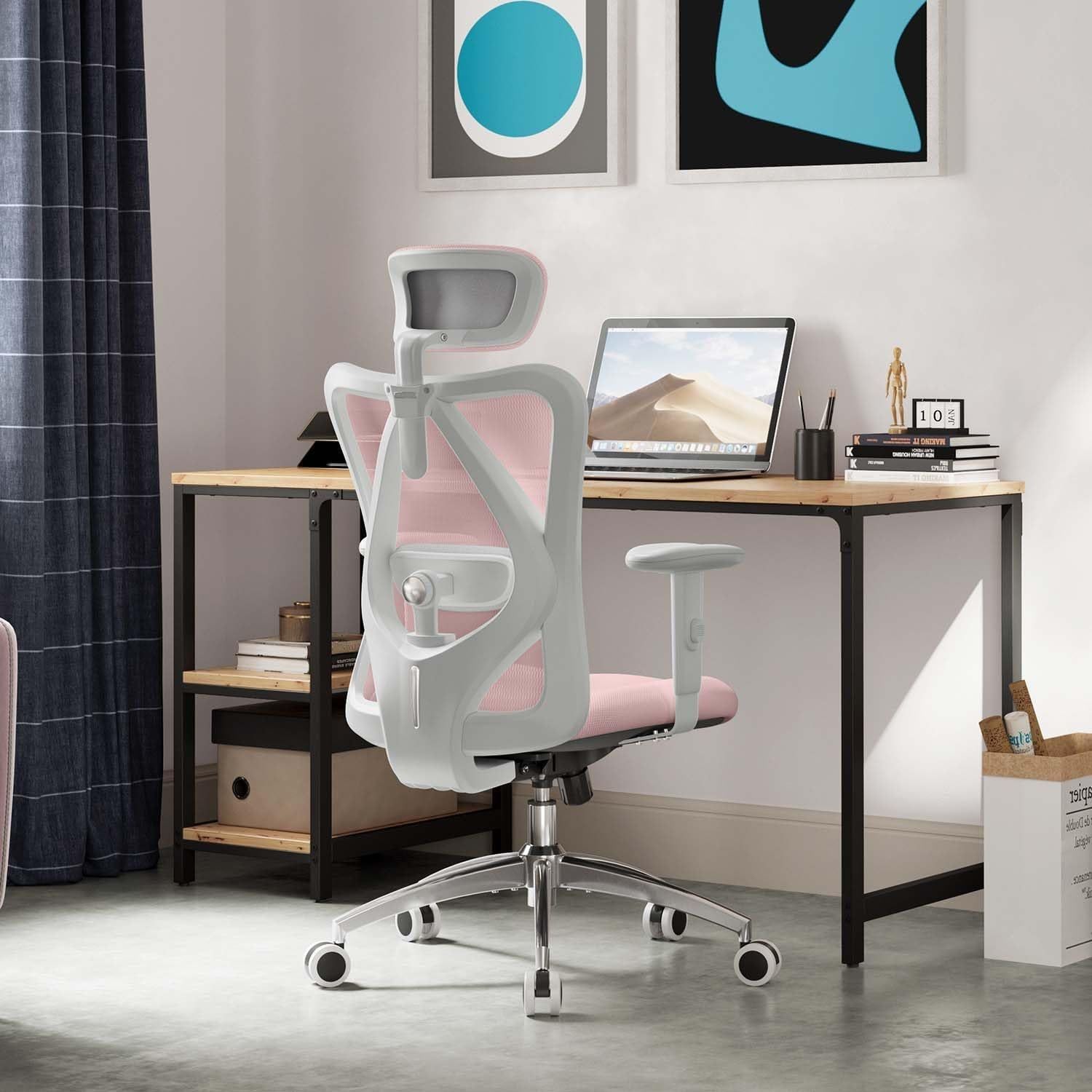 M18 Ergonomic Office Chair, Computer Desk Chair with Adjustable Headrest and Lumbar Support, High Back Executive Swivel Chair for Home Office (Light Pink)