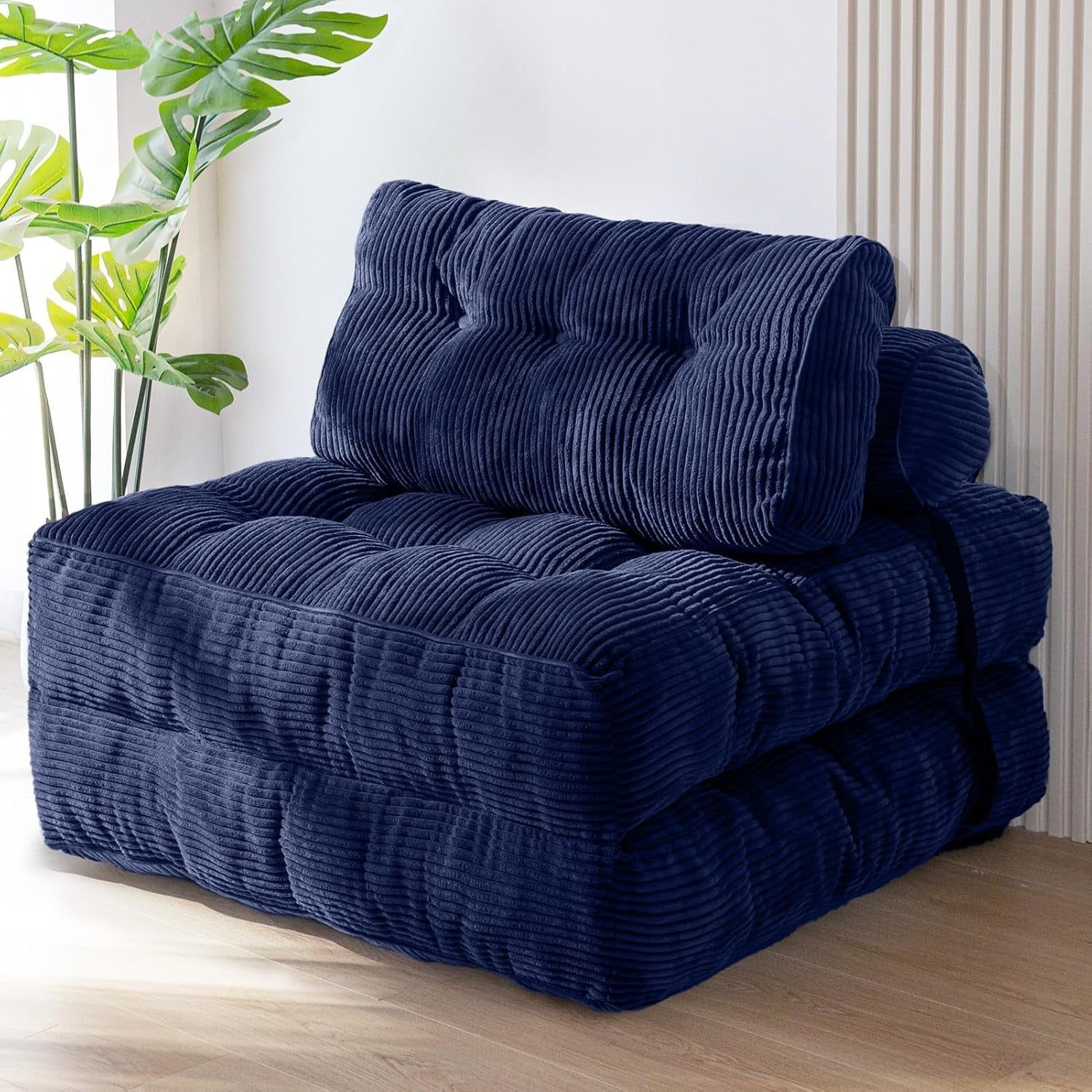 Folding Sofa Bed, Convertible Sleeper Chair with Pilow Foldable Matress with Back Support, Portable Fold Out Chair Bed Comfy Floor Sofa Lounge for Living Room Bedroom, Navy, Single