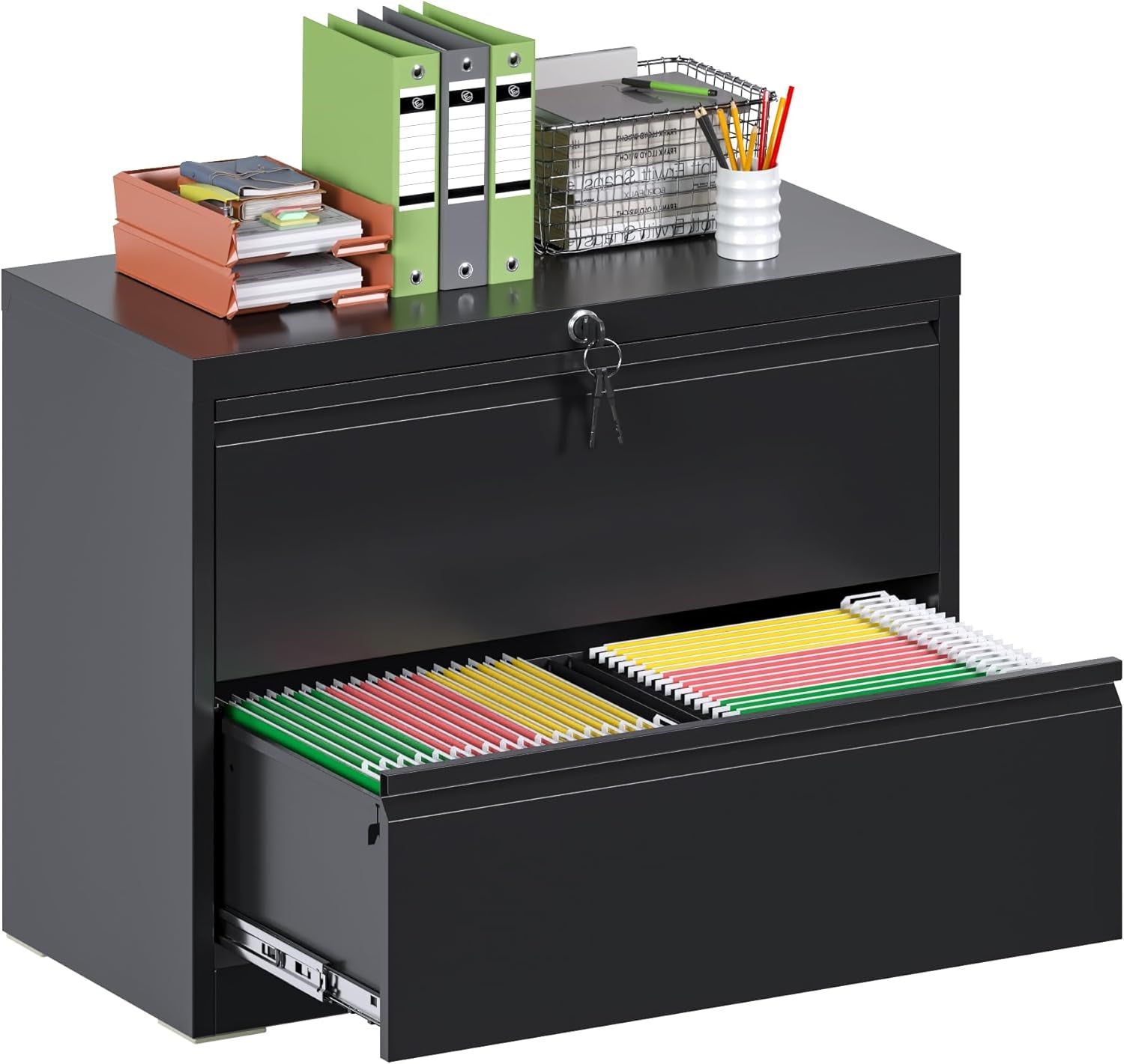 Metal 2 Drawer Lateral File Cabinet with Lock, Large Deep Drawer with Adjustable File Bars for Office,Home, 34.25 Inches Wide for Letter/Legal Size, Black, Assembly Required