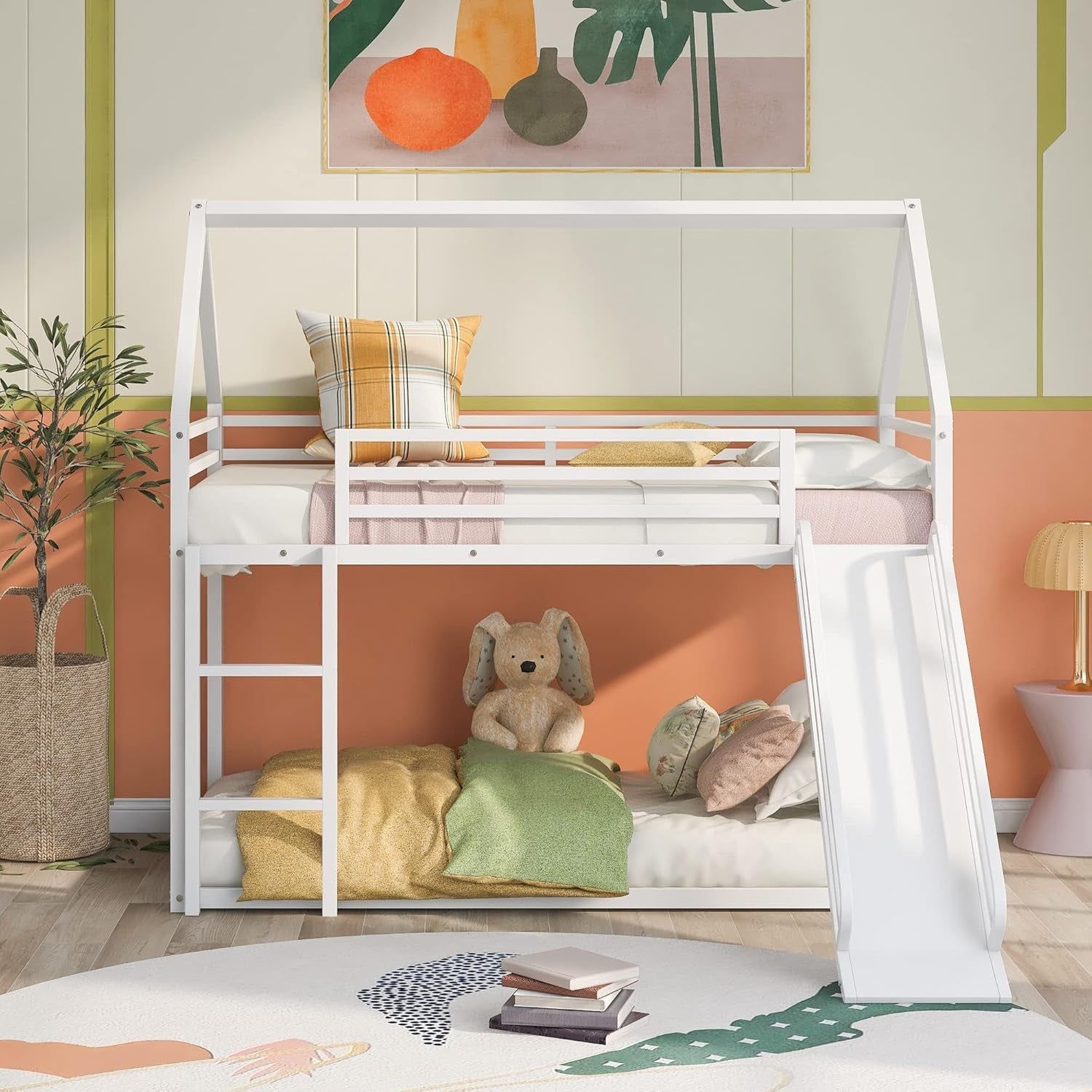 Heavy Metal Junior House Low Bunk Bed with with Full-Length Guardrail Twin over Twin, Montessori Floor Bunk Bed Frame Ladder &amp; Slide, Noise Free White