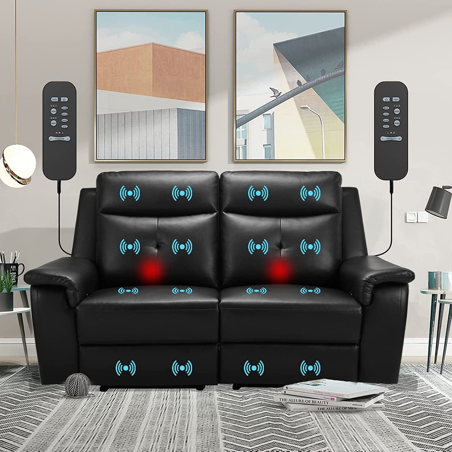 2 Seater Recliner Sofa - Double Reclining Loveseat with Massage &amp; Heating - PU Leather Manual Home Theater Seating Manual Recliner Motion Living Room Chair