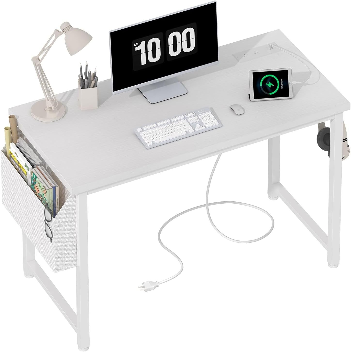 39 Inch White Computer Desk with Power Outlet, 40 Inch Teen Study Table Home Office Work Writing Desks with Charging Station Outlets Built In, White
