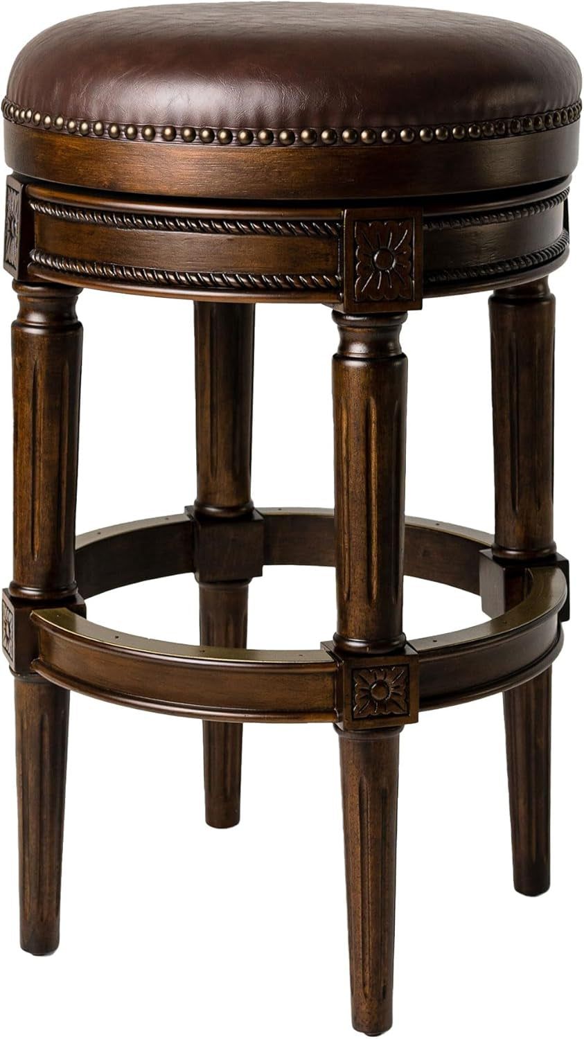 Pullman 31 Inch Tall Bar Height Upholstered Backless Barstool in Dark Walnut Finish with Vintage Brown Vegan Leather Cushion Seat