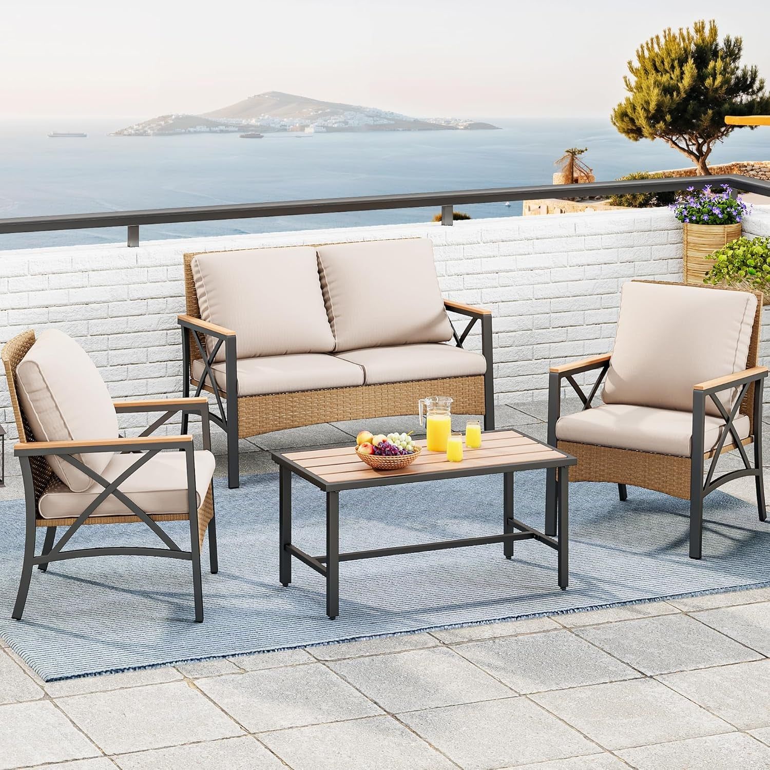 4-Piece Patio Wicker Furniture Set with Wood Armrest, All Weather Rattan Conversation Furniture Sets for Backyard, Balcony, Deck W/Soft Cushions and Plastic Wood Table (Light Brown+Beige)