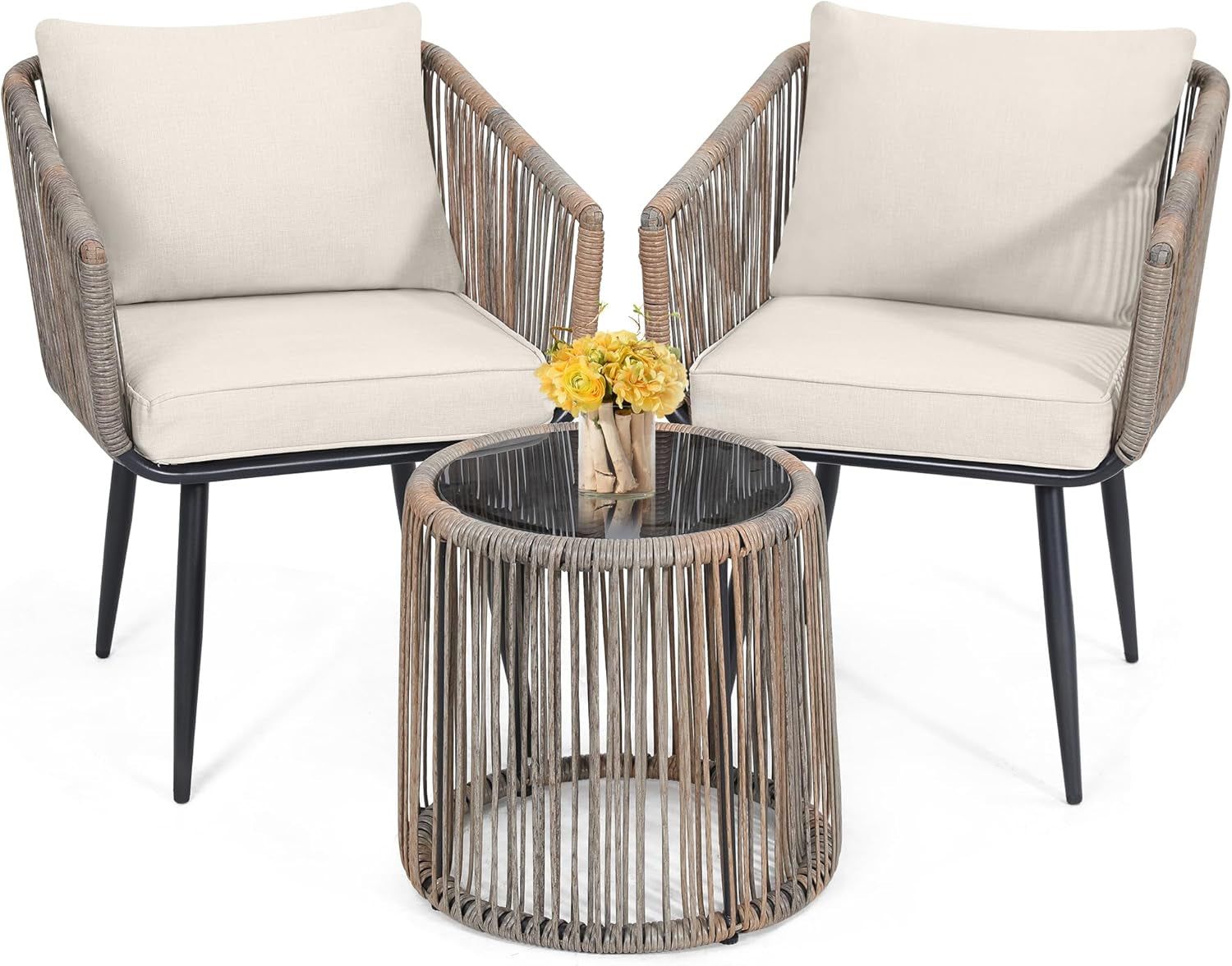 3 Piece Patio Rattan Bistro Conversation Set, Outdoor All Weather Wicker Furniture Chairs and Side Table Set, Ideal for Balcony, Porch and Backyard, Beige