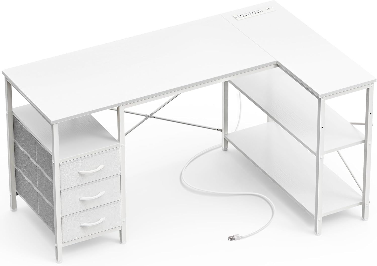 L Shaped Desk with Power Outlets, Computer Desk with 3 Drawers, 47 Inch Office Desk with Shelves, Gaming Desk, Corner Desk Work Desk for Home Office, Study, White