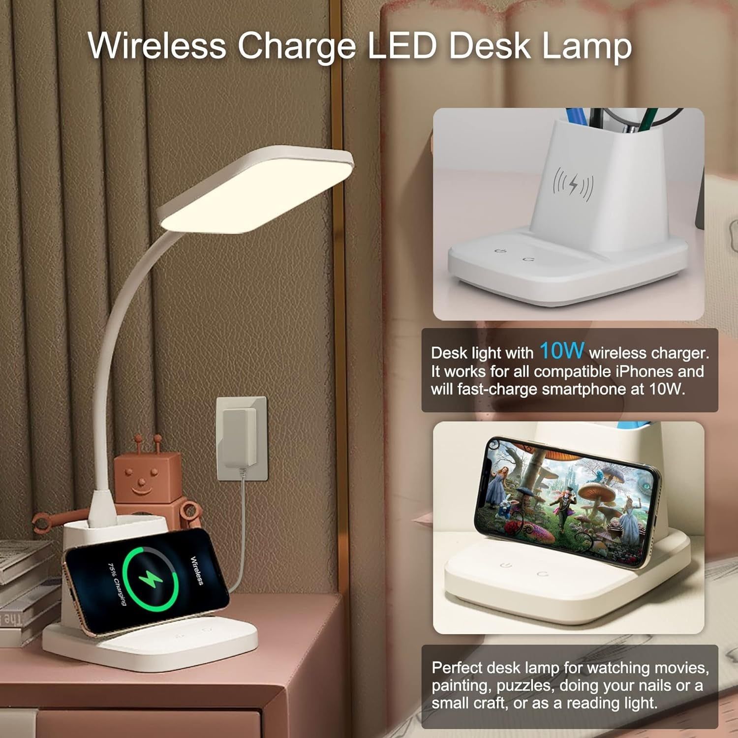 Upgraded LED Desk Lamp with Wireless Charger, White Small Desk Light with Pen Holder, 3 Color Modes, CRI 85, 800 Lumen, Study Lamps for College Dorm Room, Home Office, Adapter Included