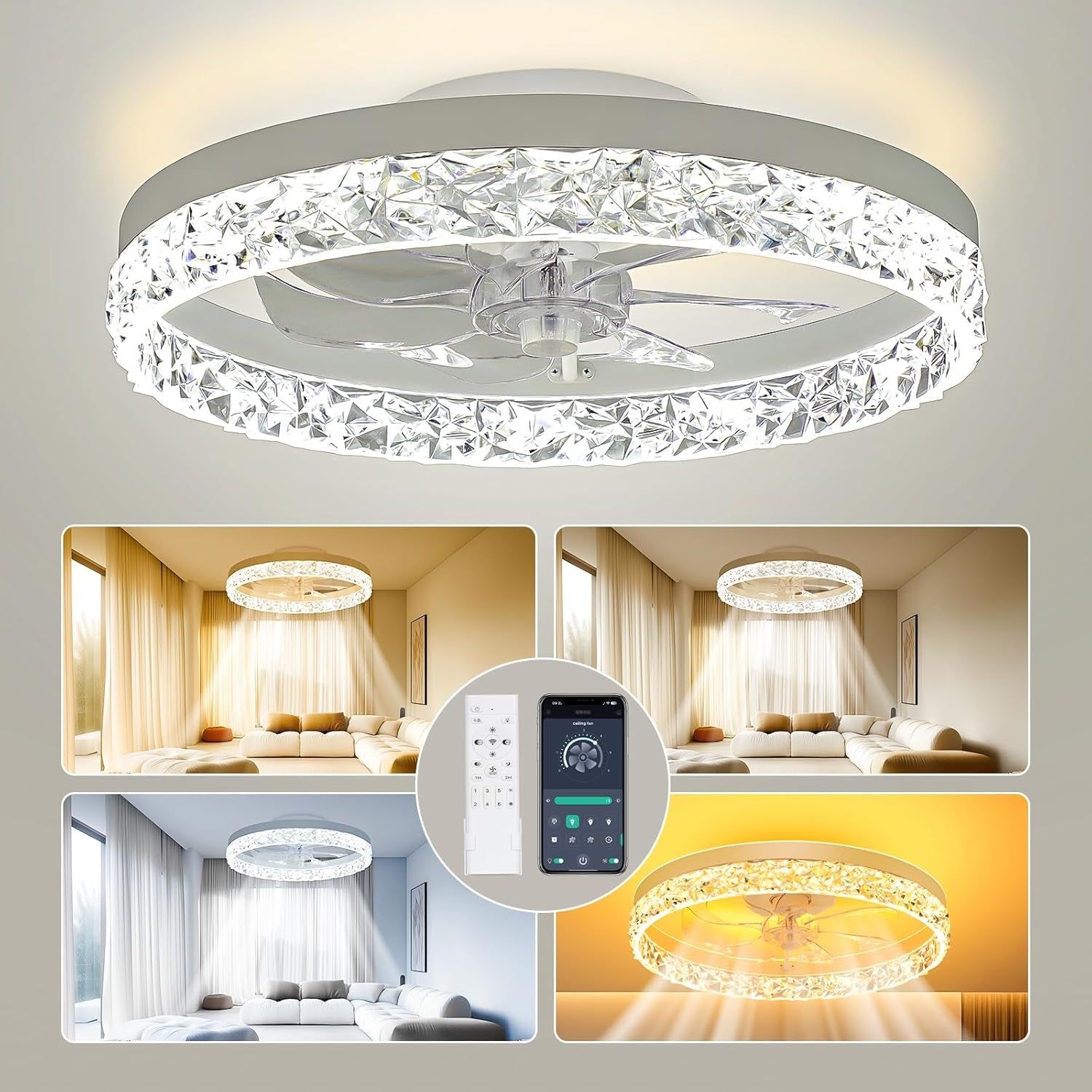 Low Profile Ceiling Fans with Lights and Remote, 20 Inches LED Ceiling Fan Flush Mount with Ambient Backlight, Dimmable &amp; 6 Fan Speeds, White Modern Fan Light Ceiling Fixtures for Bedroom/Living Room