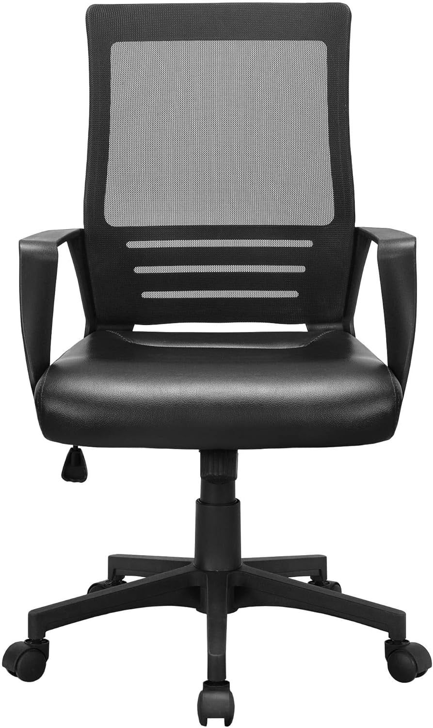 Ergonomic Office Chair Leather Seat and Mesh Back Computer Chair Executive Chair Mid-Back Rolling Swivel Chair with Lumbar Support and Armrests Adjustable Height for Office Meeting, Black