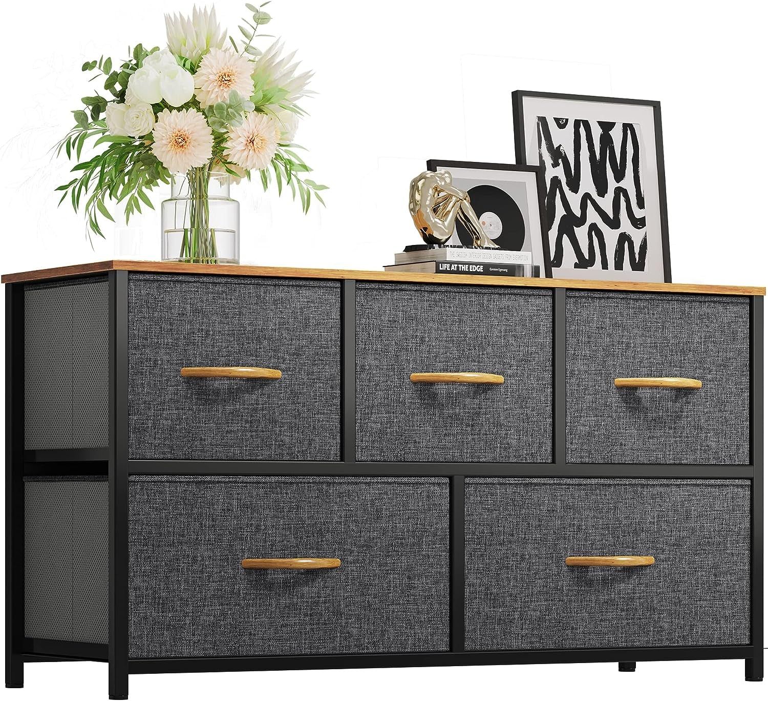 Dresser with 5 Drawers - Fabric Storage Tower, Organizer Unit for Bedroom, Living Room, Closets - Sturdy Steel Frame, Wooden Top