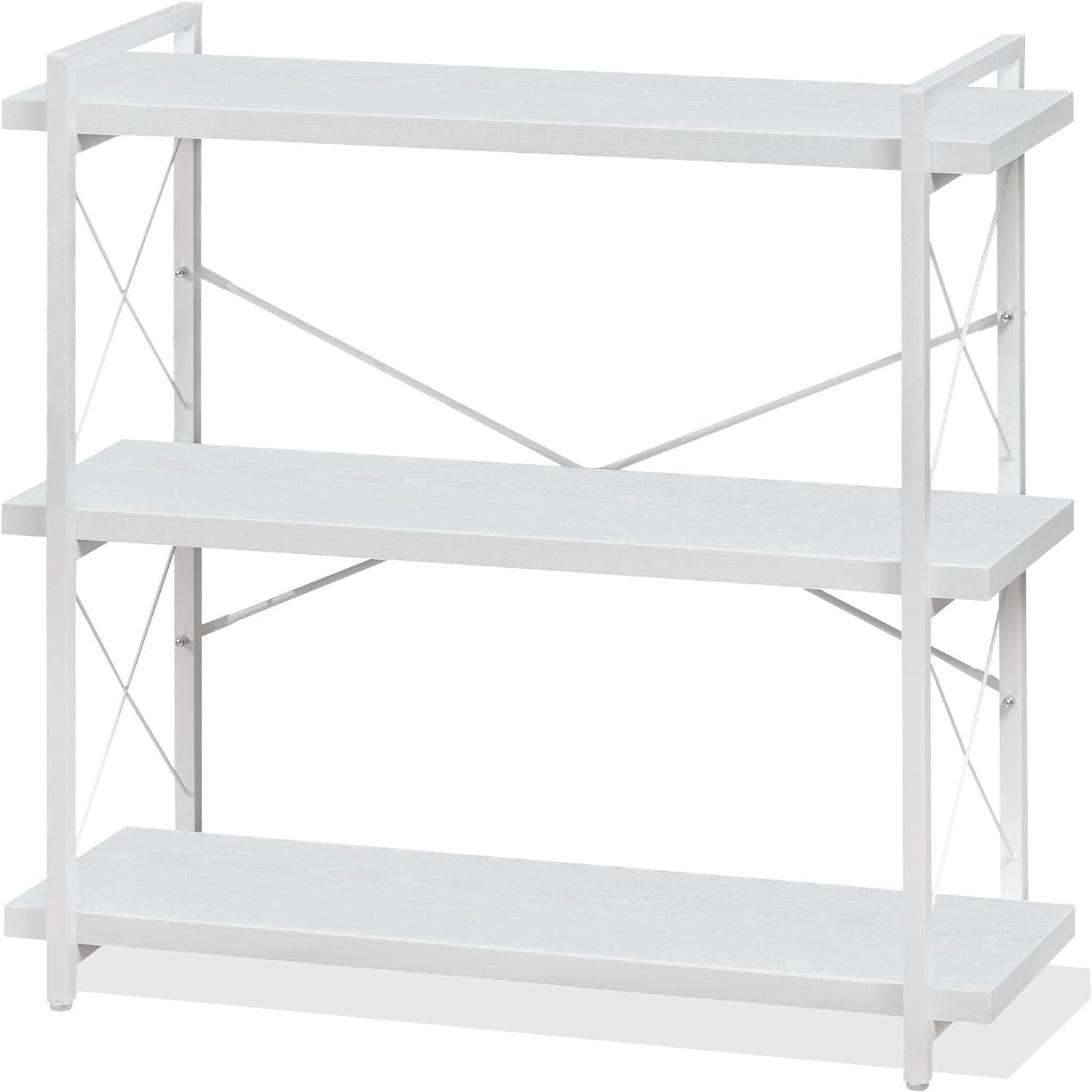 Bookshelf, 3-Tier Industrial Bookcase, White Open Book Shelf, Freestanding Horizontal Bookshelves with Metal Frame