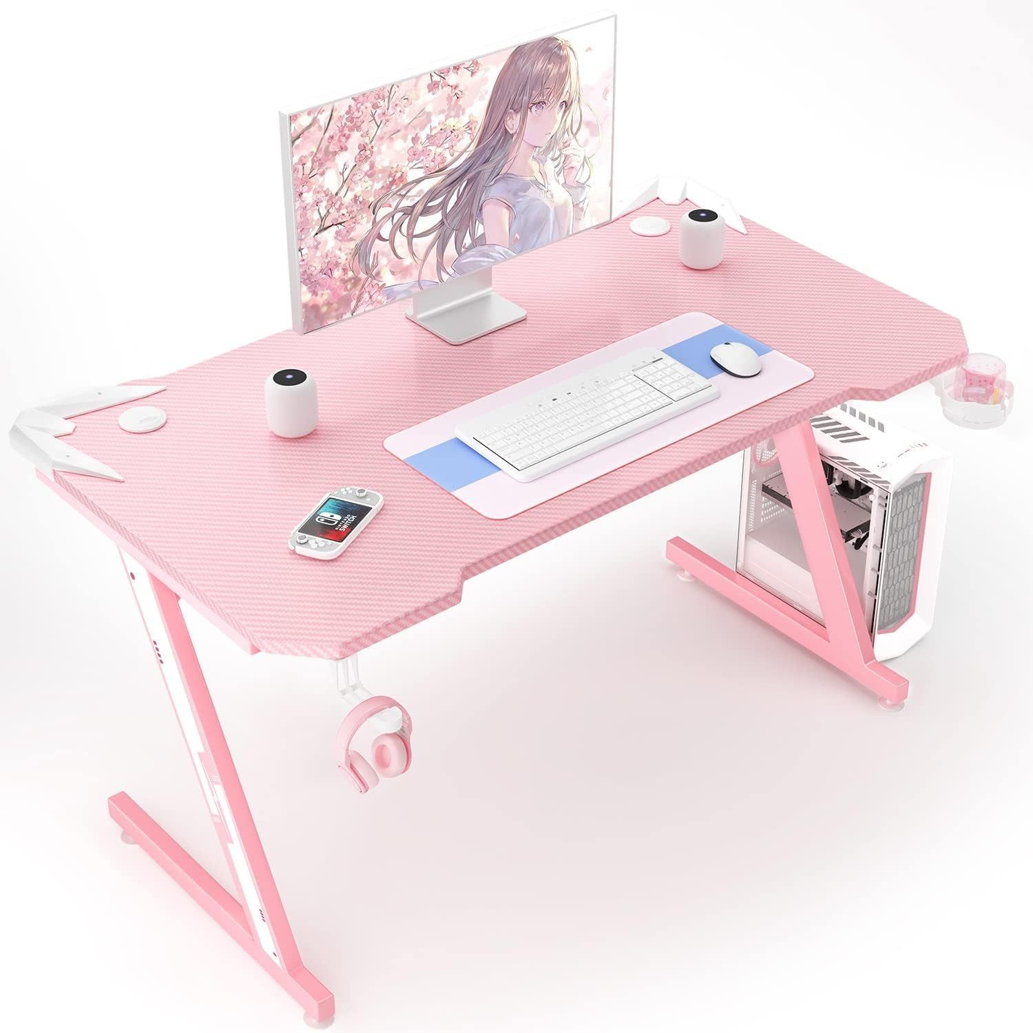 Gaming Computer Desk with Carbon Fiber Surface, Gaming Table Z Shaped Pc Home Office with Cup Holder&amp;Headphone Hook(44 In, Pink)