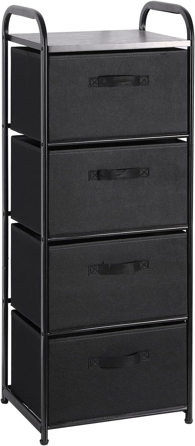 4 Drawer Fabric Dresser Tall Storage Tower, Dresser Chest with Wood Top, Vertical Nightstand Side Organizer Unit with Metal Frame for Closets Bedroom Nursery Room Hallway(Black)