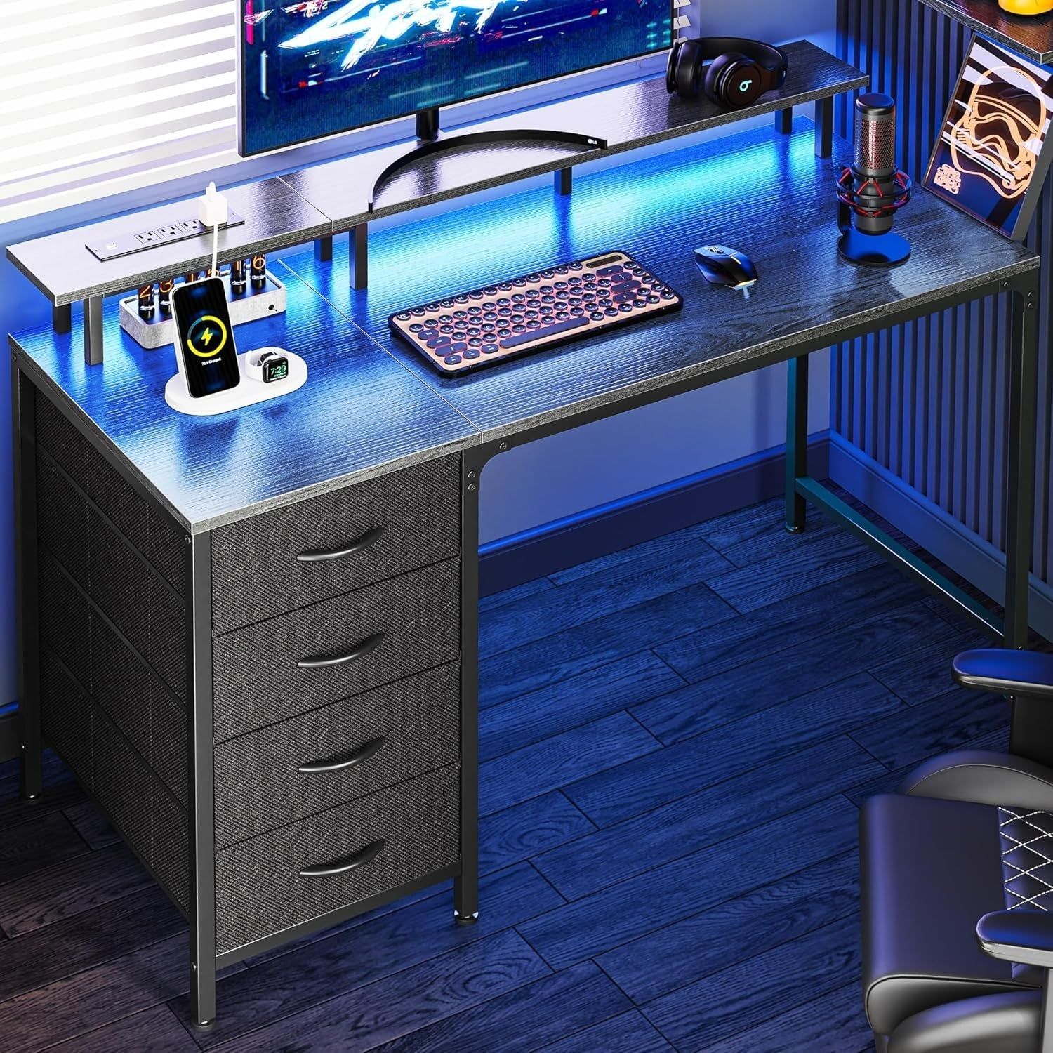 47 Inch Computer Desk with Power Outlets and LED Lights, Gaming Desk with 4 Drawers, Office Desk with Monitor Stand, Study Desk Work Desk for Home Office, Small Spaces, Gray