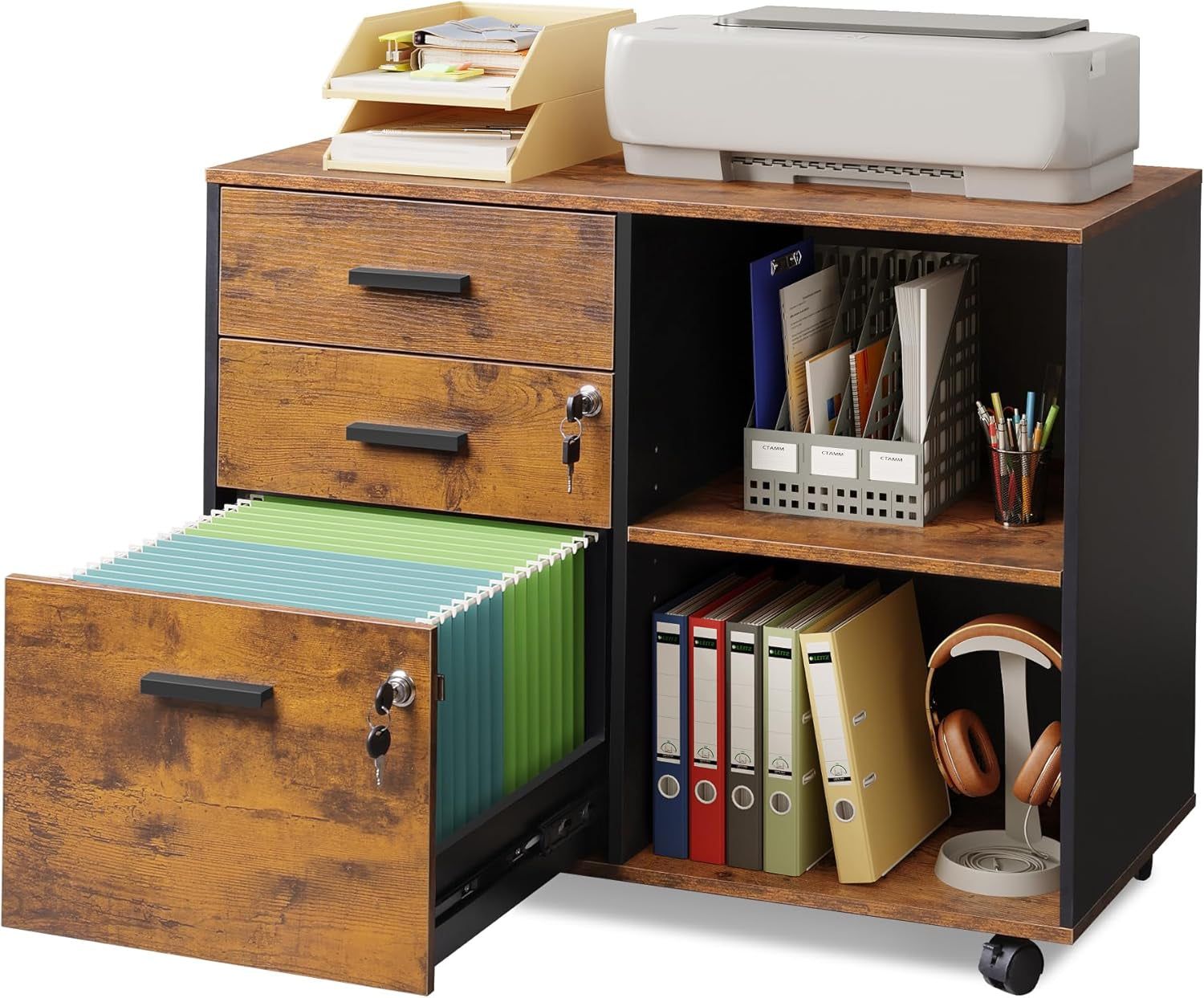 3-Drawer Wood File Cabinet with Lock, Mobile Lateral Filing Cabinet, Printer Stand with Open Storage Shelves for Home Office, Rustic Brown