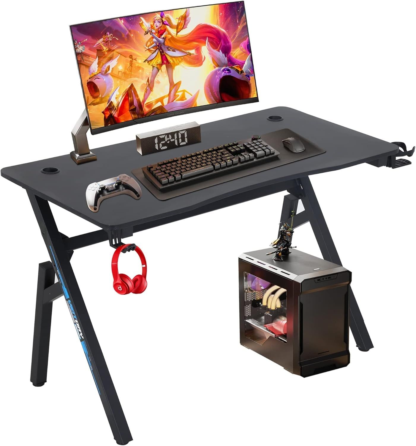 Gaming Desk Computer Desk 47&quot;X 23&quot; Home Office Desk Extra Large Modern Ergonomic Black PC Carbon Fiber Table Gamer Workstation with Cup Holder Headphone Hook,Blue