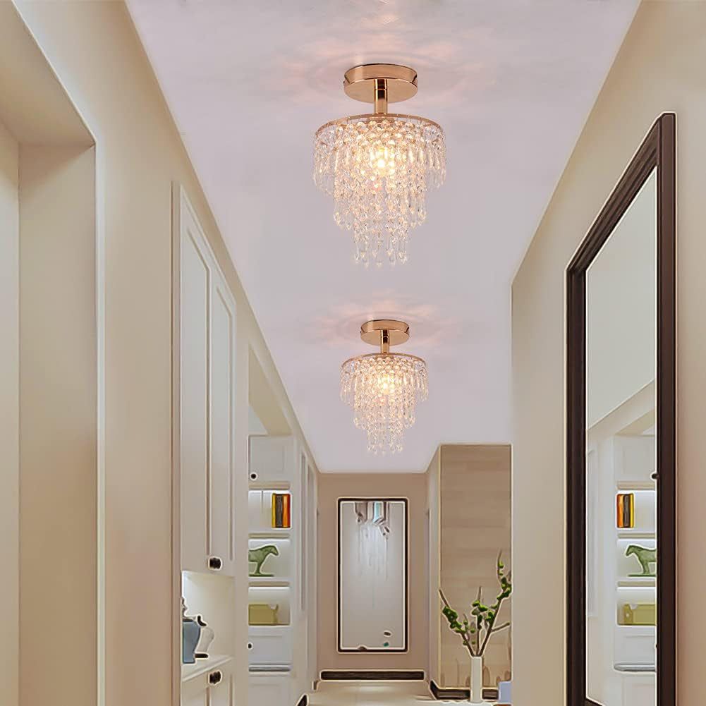 Mini Size Crystal Chandelier Modern Flush Mount Ceiling Light 3 Tiers Raindrops Crystal Pendant Lighting Fixture Decoration for Bedroom Hallway Living Room,E26 Base,Gold