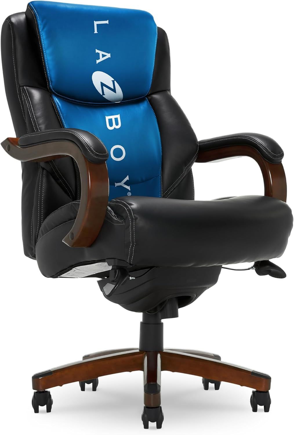 Delano Big &amp; Tall Executive Office Chair, High Back Ergonomic Lumbar Support, Bonded Leather, Black with Mahogany Wood Finish