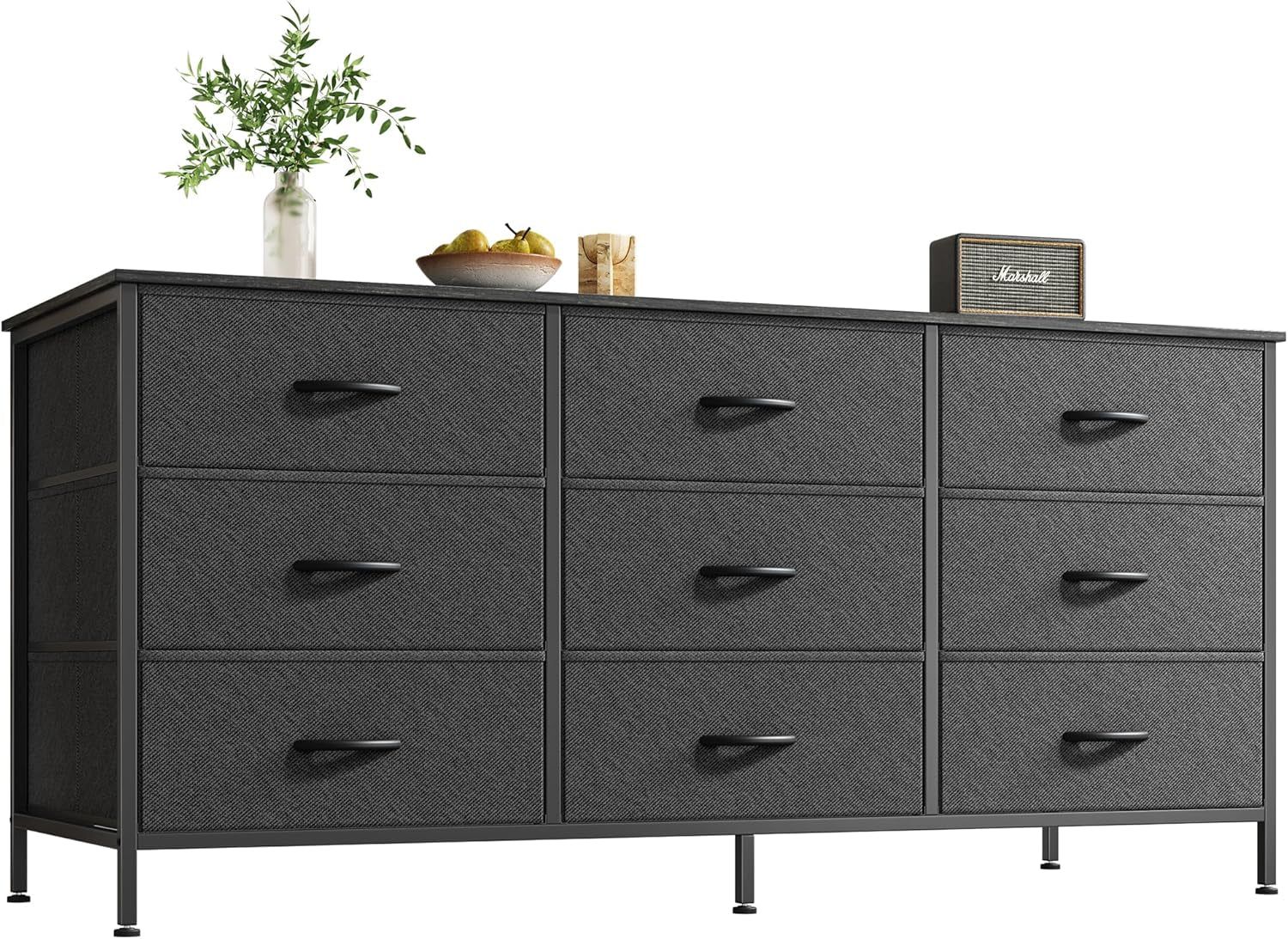 9 Drawer Dresser, 47 Inch Dresser TV Stand for 50, 55 Inch TV, Entertainment Center with Drawers, Fabric Dresser Chest of Drawer for Bedroom, Closet, Black