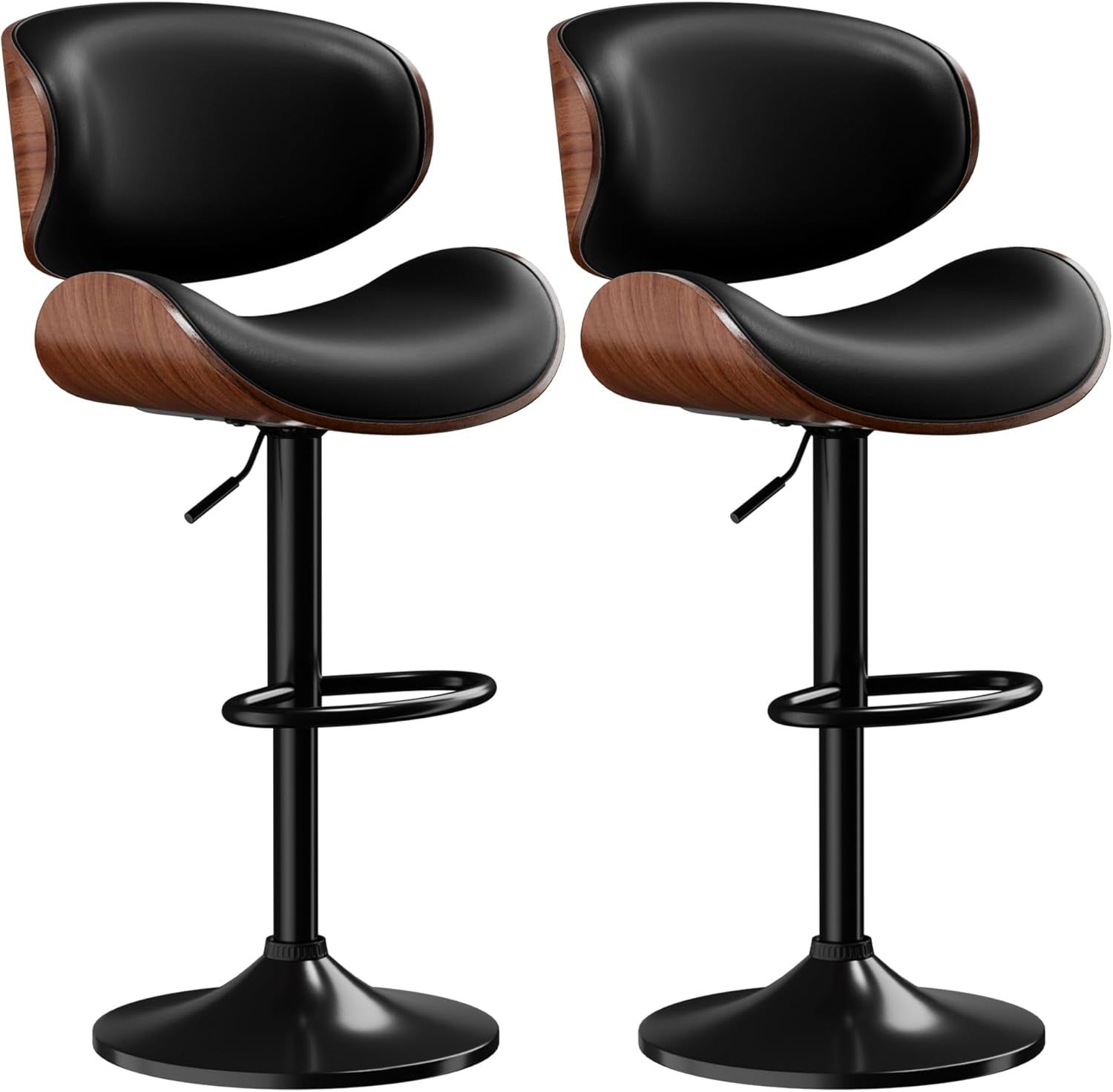 Bar Stools Set of 2, Adjustable Swivel Leather Bar Stools for Kitchen Island, Mid Century Modern Counter Height Bar Chairs Barstools with Back &amp; Footrest (Black)
