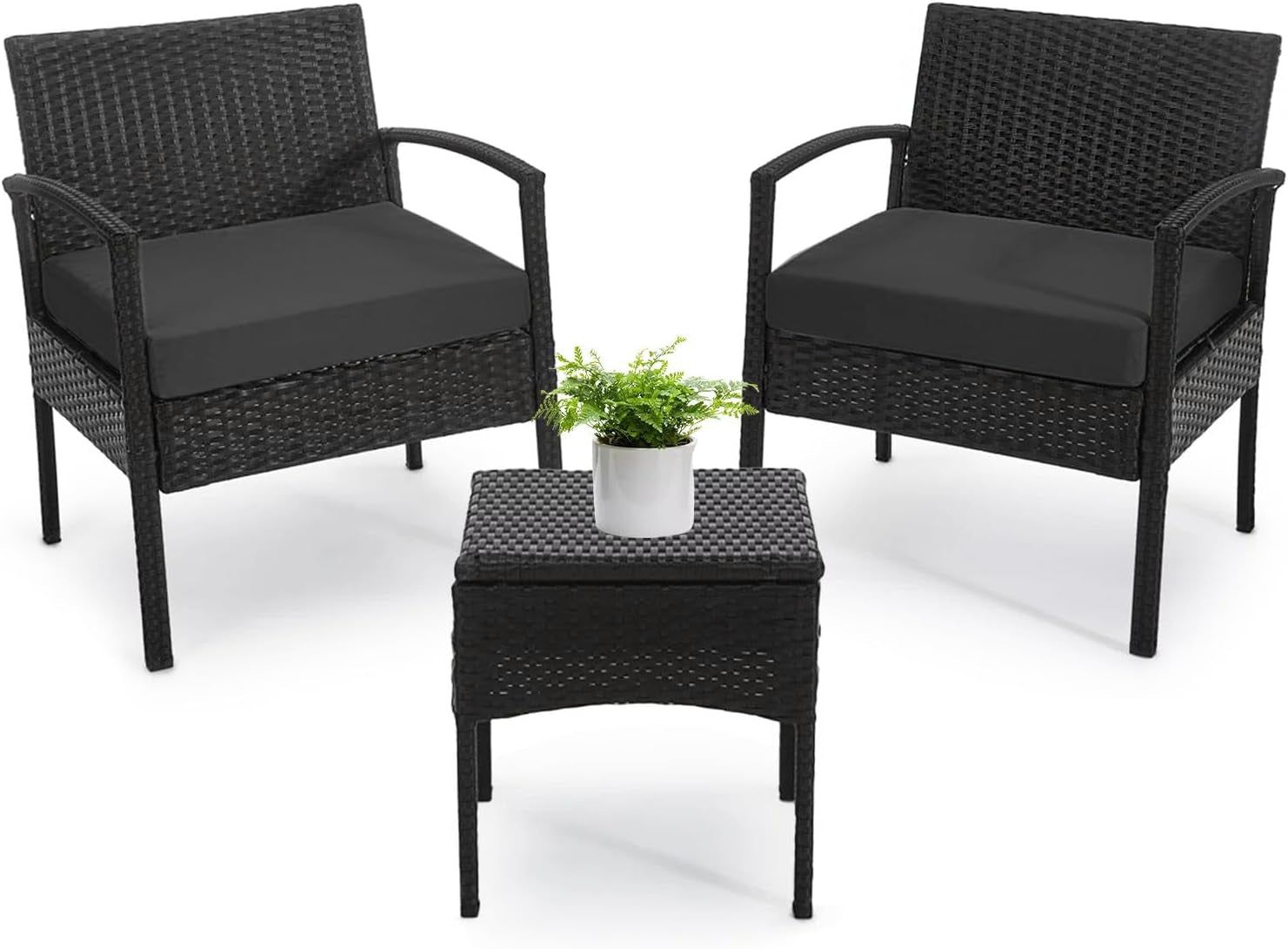 3 PCS Patio Rattan Conversation Chairs Set, Outdoor Patio Furniture Balcony Furniture Set, Wicker Patio Set for Garden Porch Balcony Yard, Black