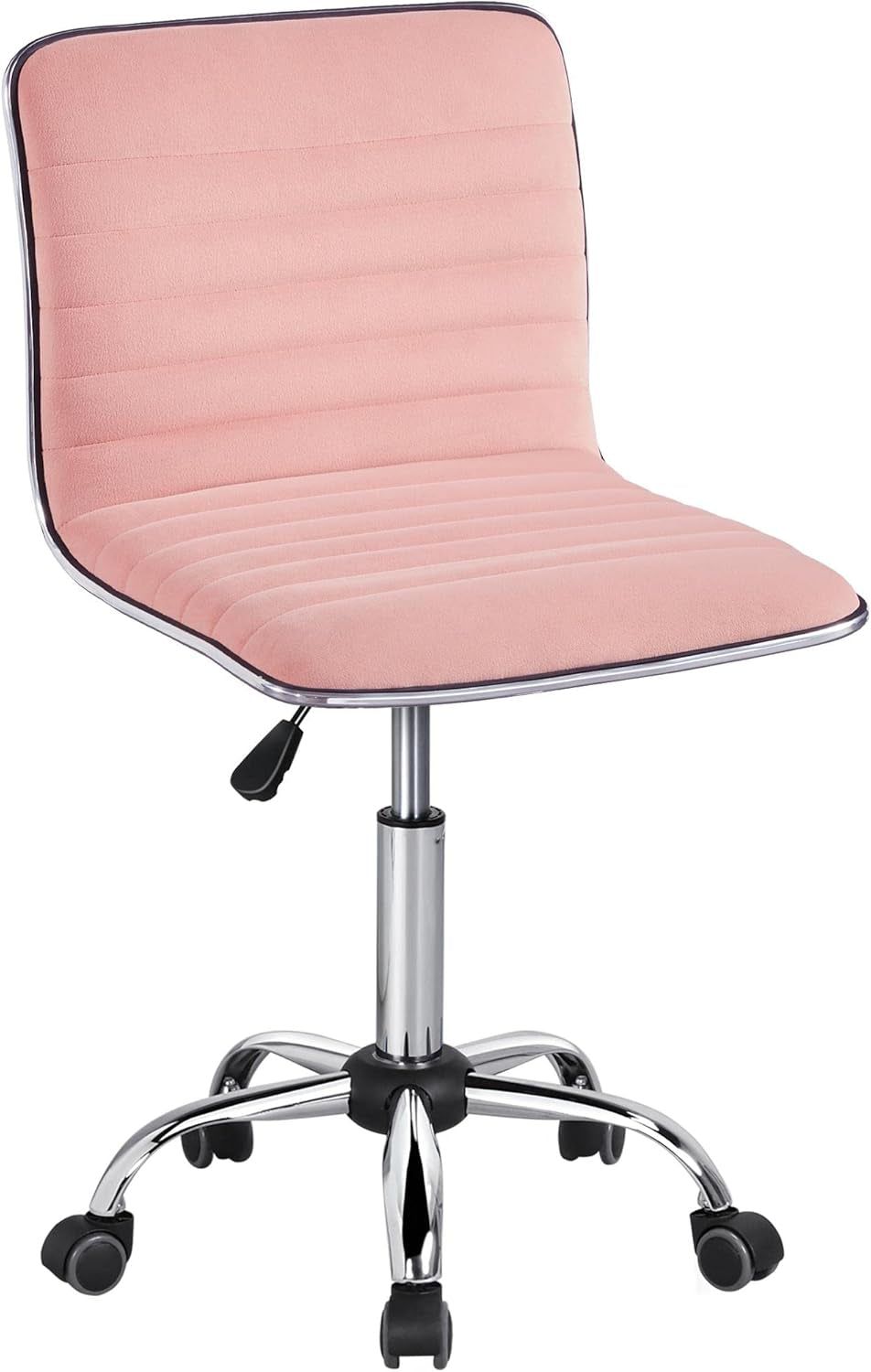 Velvet Low Back Vanity Chair Armless Ribbed Office Chair Swivel Task Chair Height Adjustable Chair Apricot Pink
