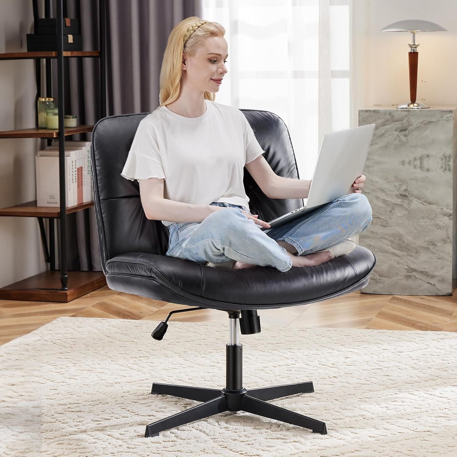 Criss Cross Legged Chair, Armless Office Desk Wide Seat No Wheels, Swivel Height Adjustable Comfy Computer Task Seating Modern Home Room