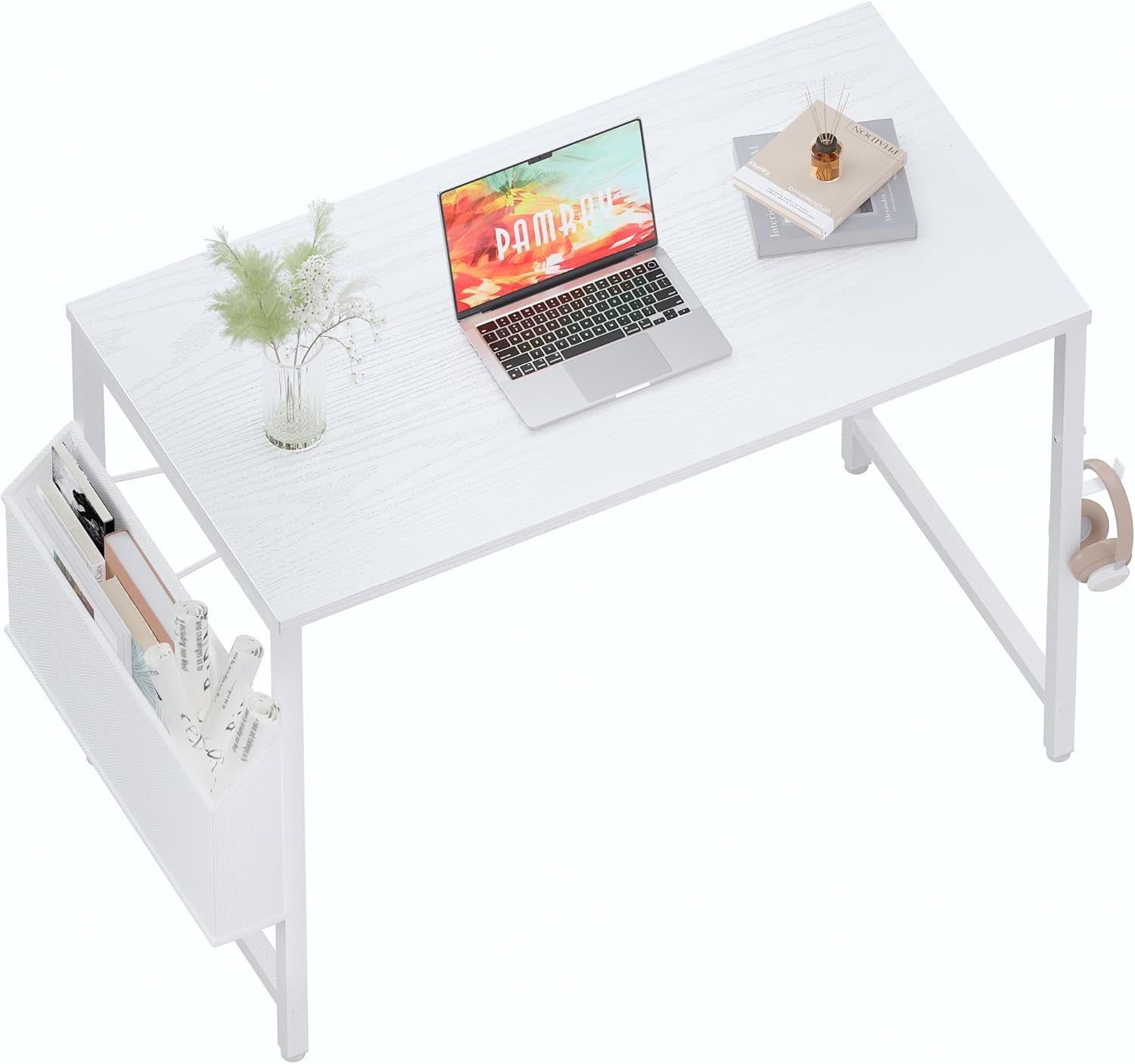 32 Inch Computer Desk Small Spaces Desk with Storage Bag for Bedroom Writing and Home Office Work Small Study Desk Table White