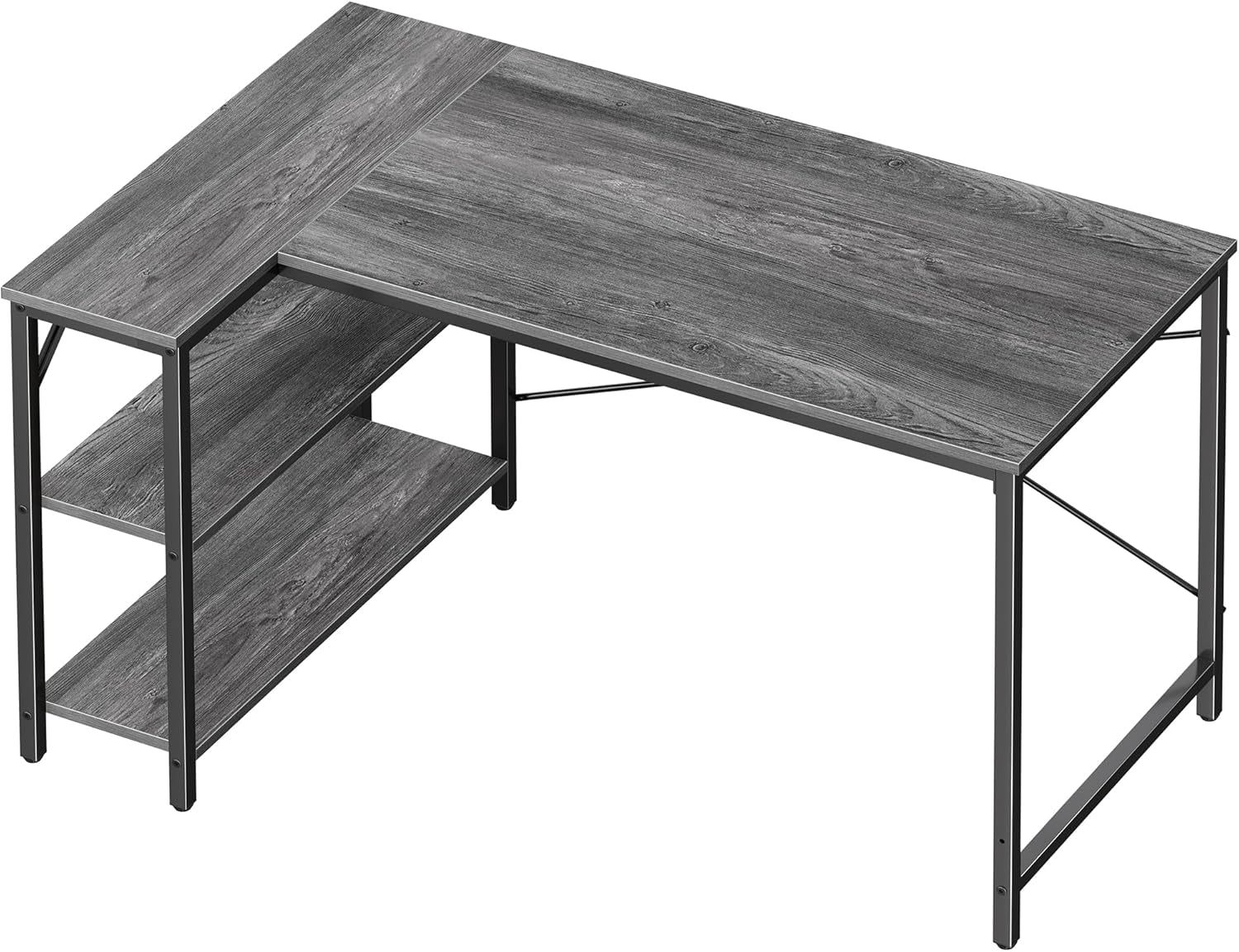 L Shaped Desk, 47 Inches Computer Desk with Reversible Storage Shelves, Gaming Desk, Corner Desk Home Office Desks, Writing Desk Study Desk with Metal Frame, Gray