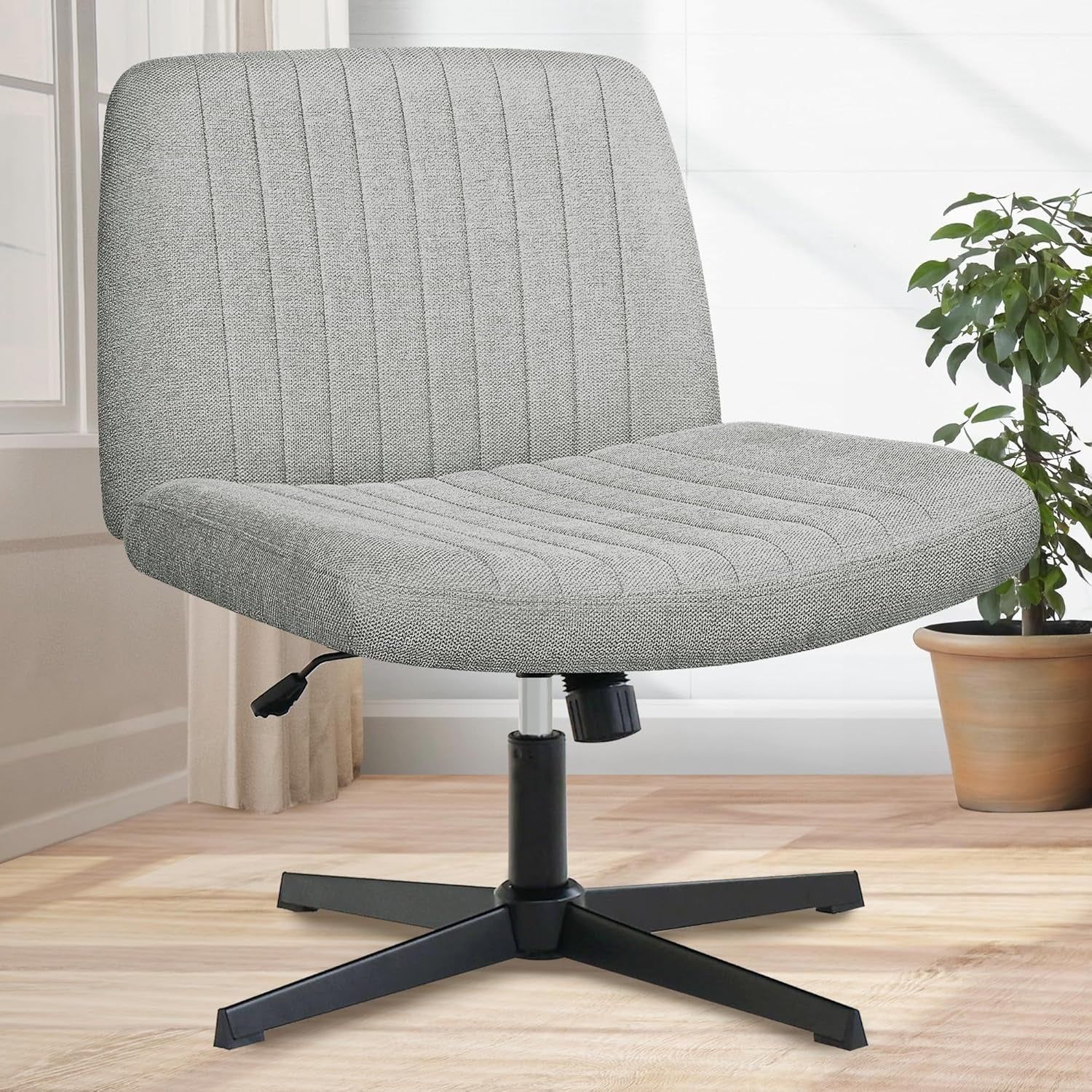 Cross Legged Office Desk Chair No Wheels Fabric Padded Modern Swivel Height Adjustable Wide Seat Computer Task Vanity Chair for Home Office Mid Back Accent Chair (Grey)